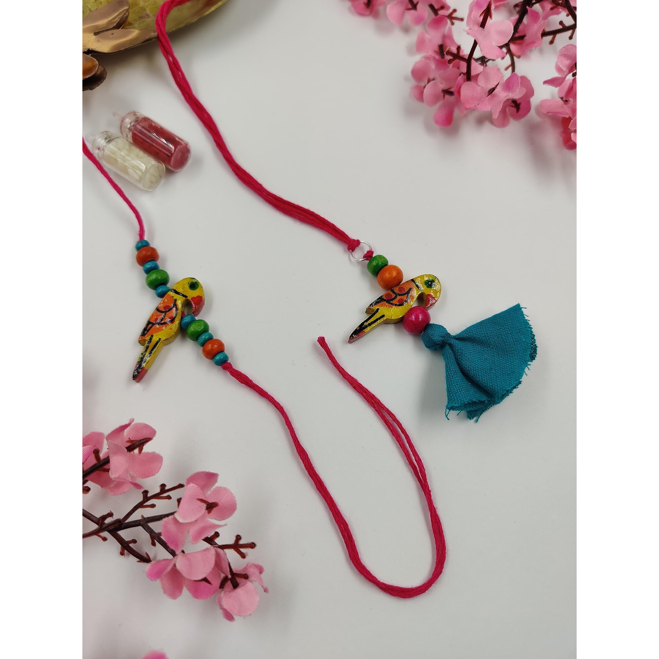 Prapti Handicrafts Handmade Fabric Bhaiya Rakhi and Bhabhi Lumba set With Roli Chawal,Raksha Bandhan Rakhi for Couples (Yellow -Set of 2)