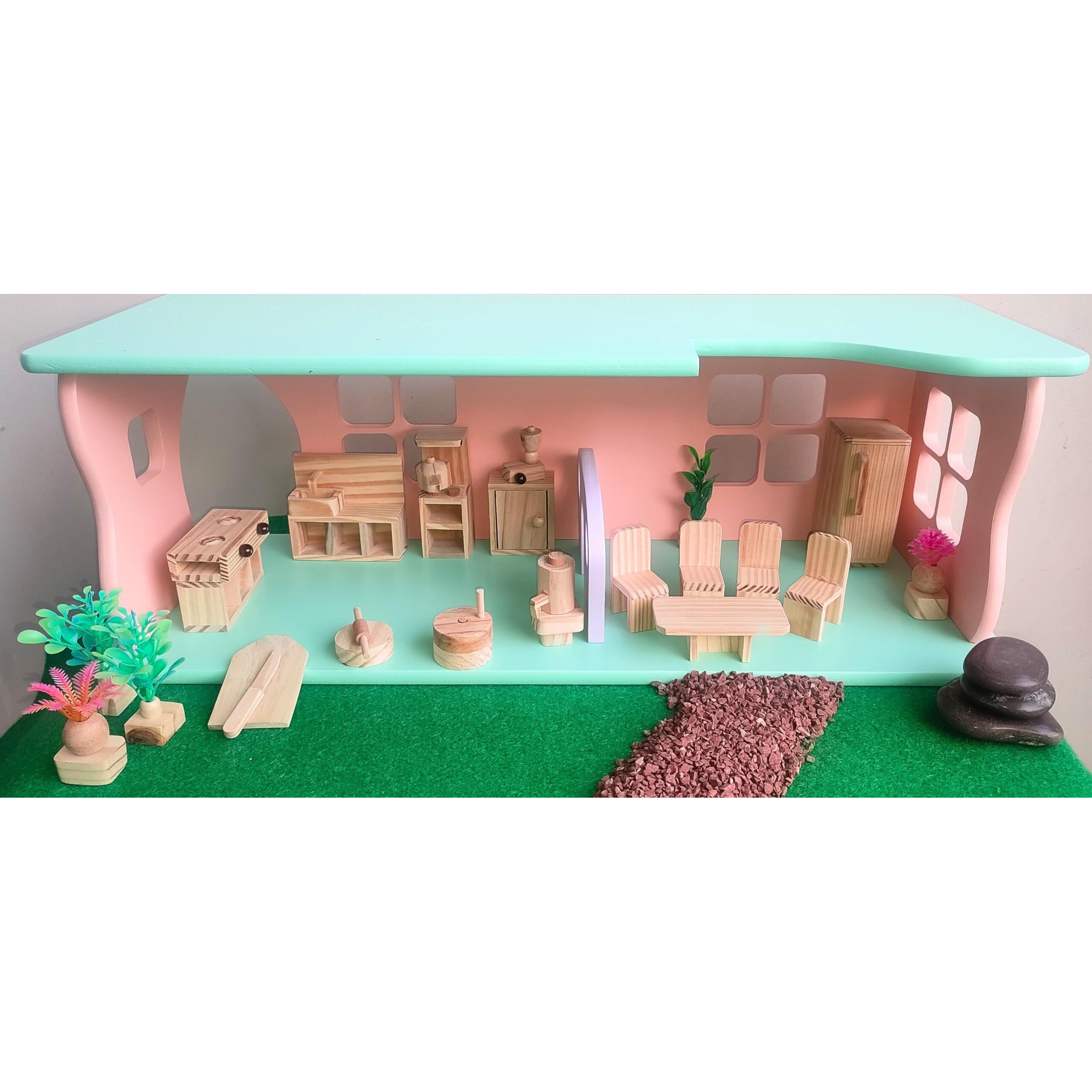 Dollhouse Furniture Set (Wooden) Drawing Room Kitchen Bedroom Toilet Perfect Rakhi Gift (Kitchen Grand+Fridge)