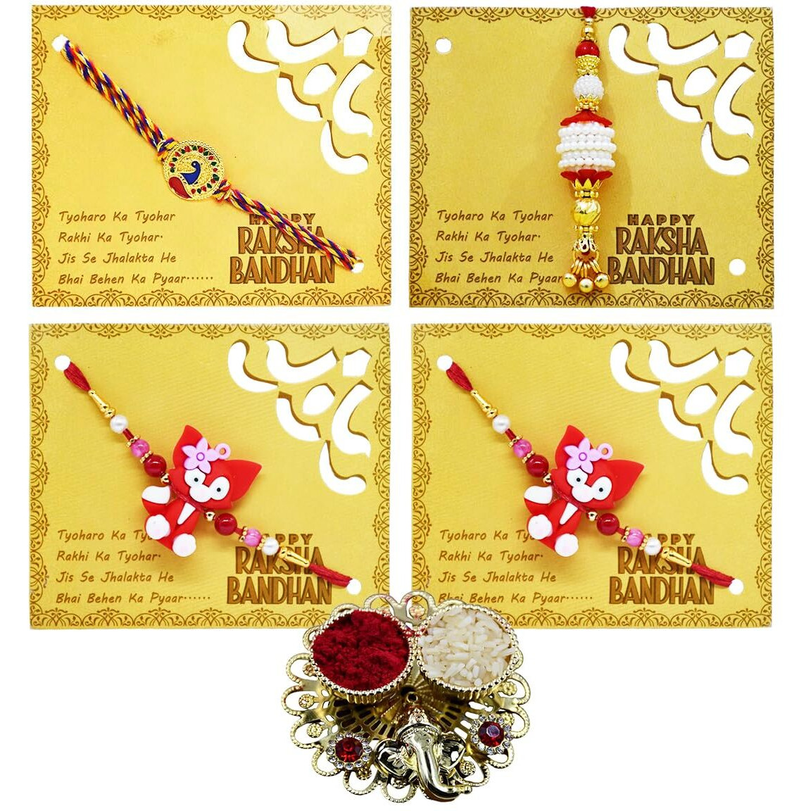 Saugat Traders Designer Rakhi Set Of 4 For Bhaiya-Bhabhi and 2 Kids- Rakhi-Rakshabandhan-Gift For Brother-Bhai-Bhaiya and Roli Chawali Chopra