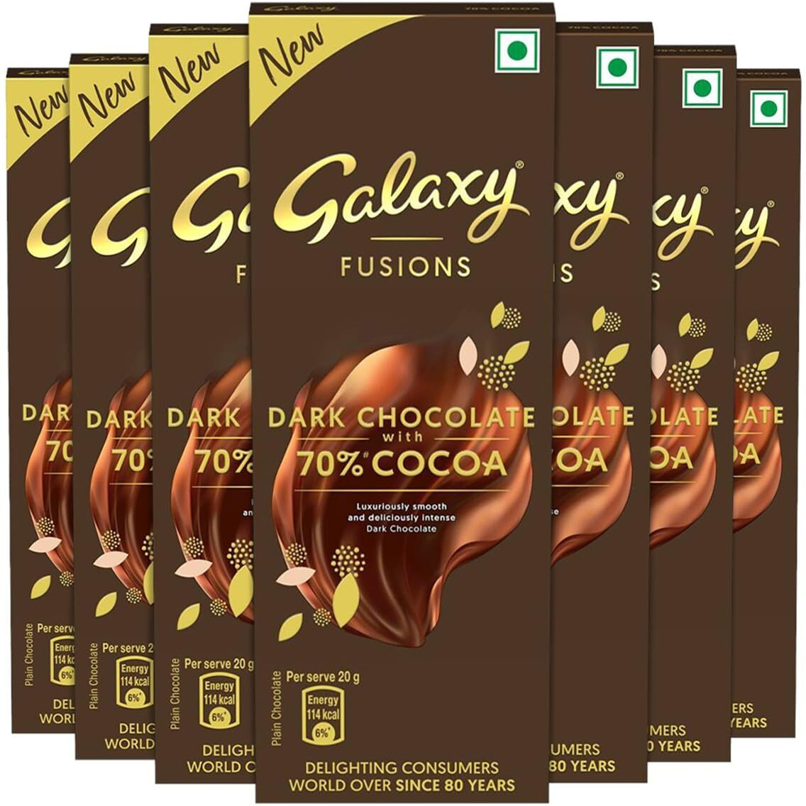 Galaxy Fusions Smooth Dark Chocolate Bar, Rakhi Gift Pack, Made with 70% Cocoa, Luxuriously Smooth & Deliciously Intense Chocolate, 56g, Pack of 7
