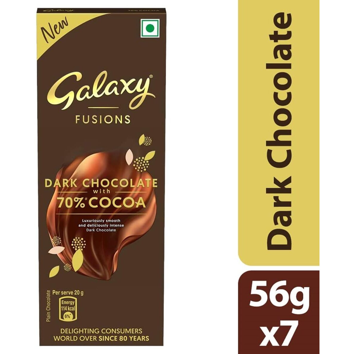 Galaxy Fusions Smooth Dark Chocolate Bar, Rakhi Gift Pack, Made with 70% Cocoa, Luxuriously Smooth & Deliciously Intense Chocolate, 56g, Pack of 7