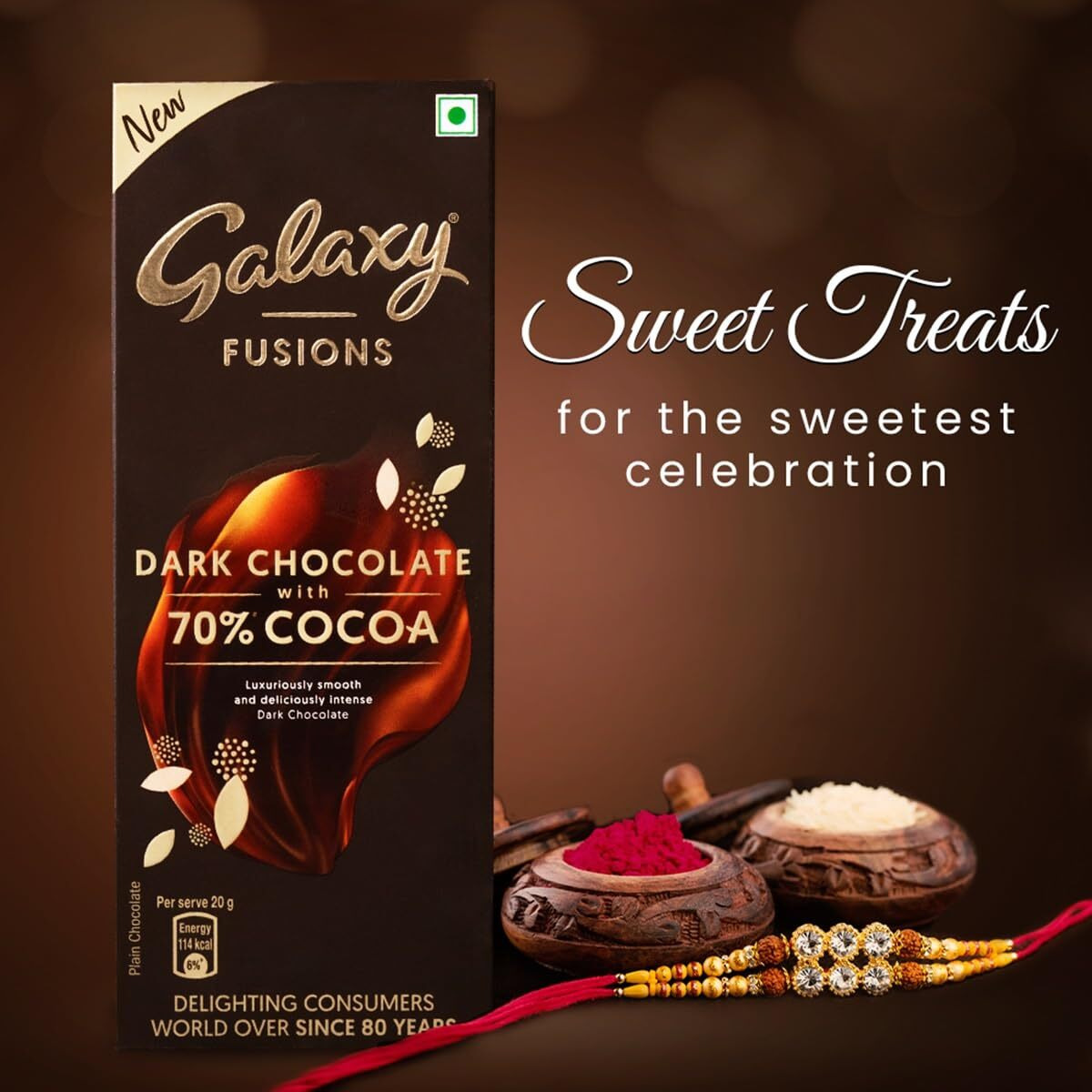 Galaxy Fusions Smooth Dark Chocolate Bar, Rakhi Gift Pack, Made with 70% Cocoa, Luxuriously Smooth & Deliciously Intense Chocolate, 56g, Pack of 7