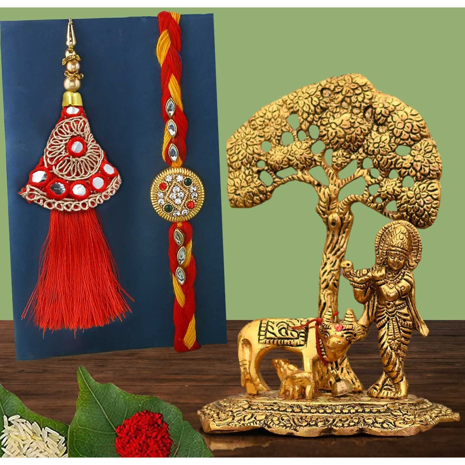 CraftVatika Rakhi Gift Combo Set for Brother and Bhabhi, Rakshabandhan Lumba Kundan Rakhis for Bhaiya Bhabhi with Krishna Showpiece, Janmashtami Gift Rakhi for Brother, Bro, Bhaiya, Bhai (KBS144-RAKHI249)