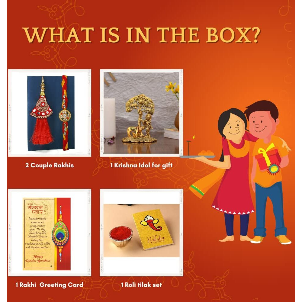 CraftVatika Rakhi Gift Combo Set for Brother and Bhabhi, Rakshabandhan Lumba Kundan Rakhis for Bhaiya Bhabhi with Krishna Showpiece, Janmashtami Gift Rakhi for Brother, Bro, Bhaiya, Bhai (KBS144-RAKHI249)