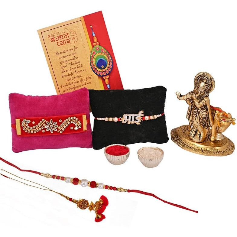 Collectible India Rakhi for Brother with Gift Combo - Rakhi Gift for Brother & Sister - Rakhi for Bhaiya and Bhabi - (Krishna Idols for Home Decor, Dora Rakhi,Bhai Rakhi,Lumba Rakhi,Roli Chandan,Greeting Card)