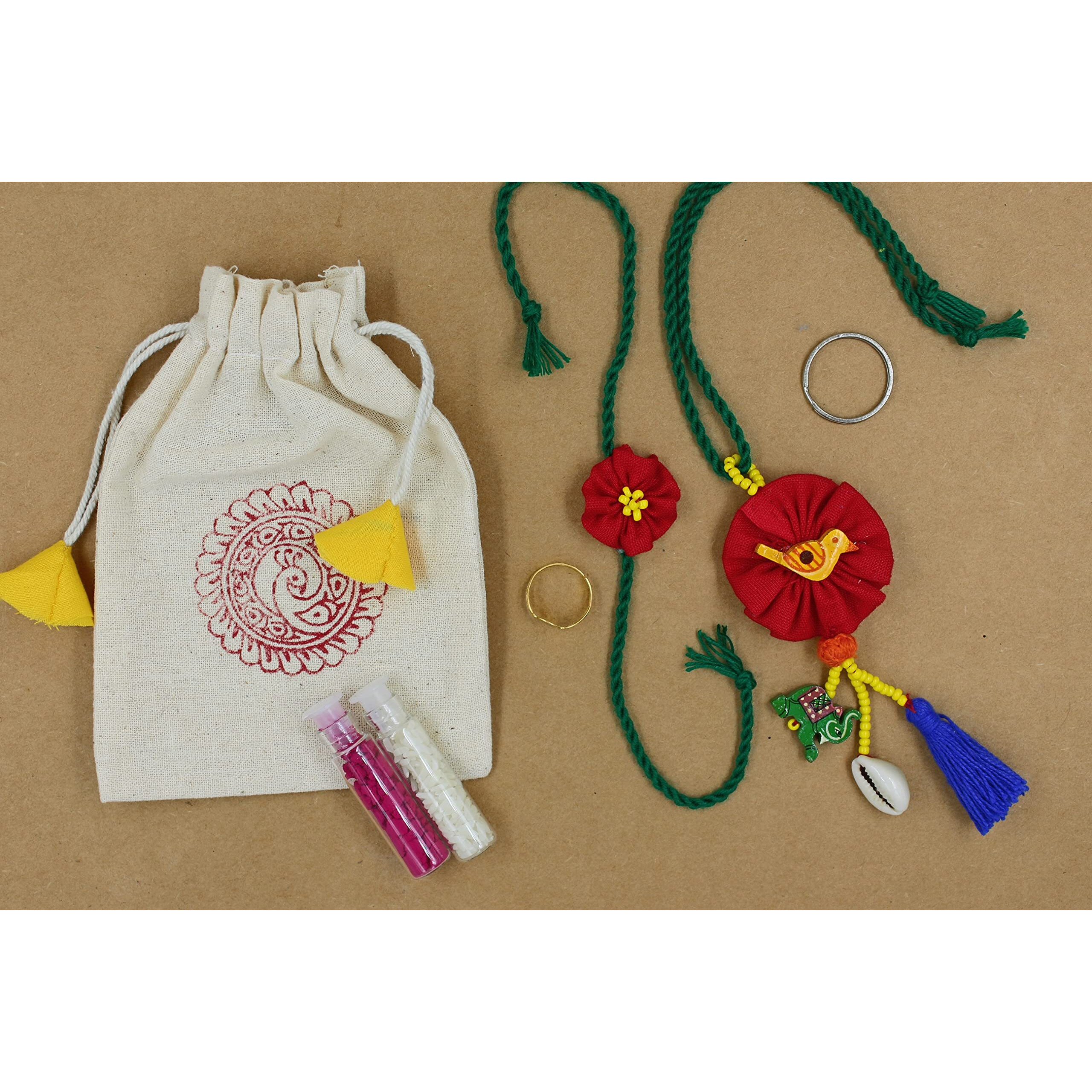 Prapti Handicrafts embroidery flower Rakhi reuasble combo with gift potli bag And roli chawal (Pack 0f 2)