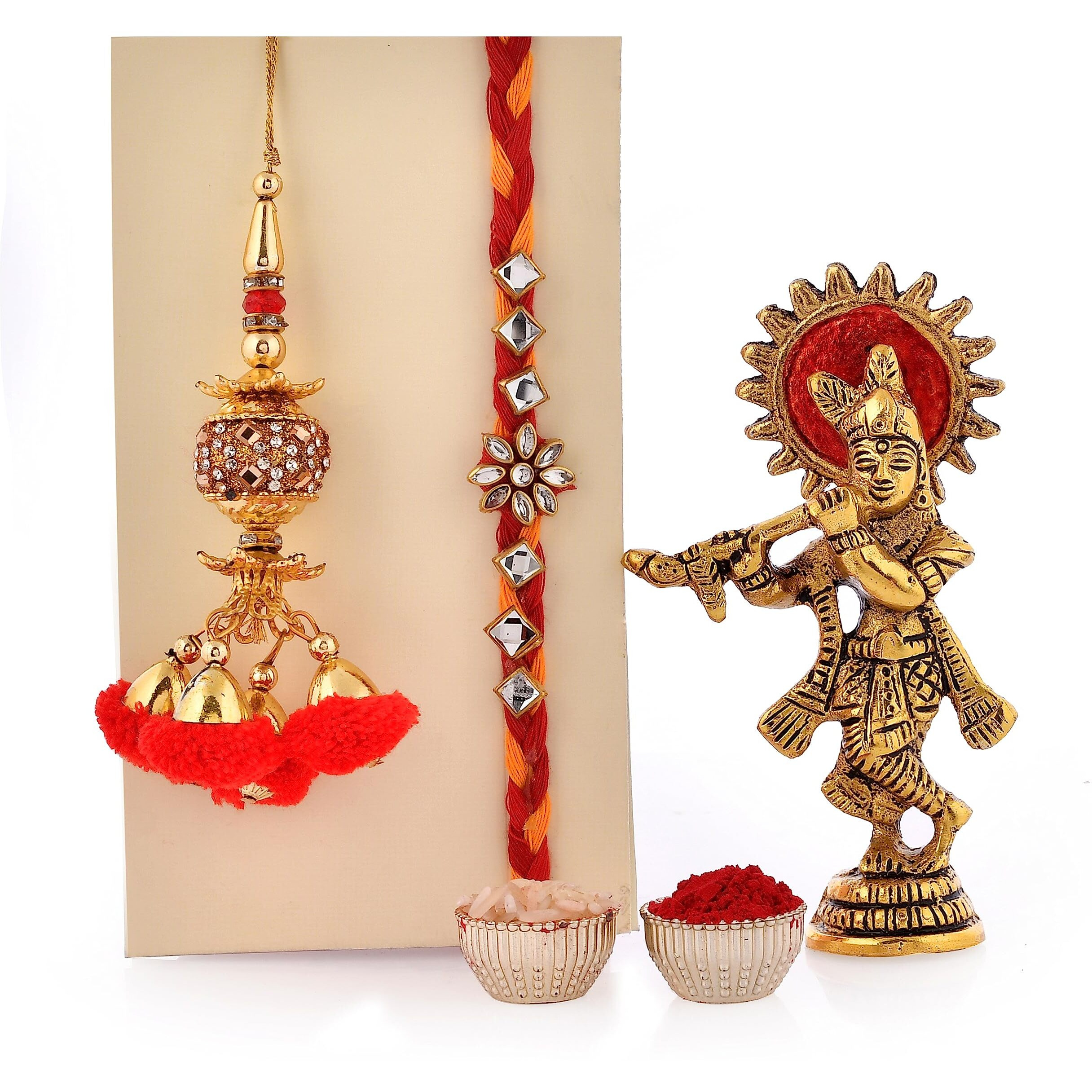 CraftVatika Rakhi for Brother and Bhabhi- Rakhi Gift Combo set of 2 Rakhis With Krishna Idol -Lumba Rakhi|Kundan Rakhi|bhai bhabhi rakhi set|Krishna Ido|Card|Tilak Pack