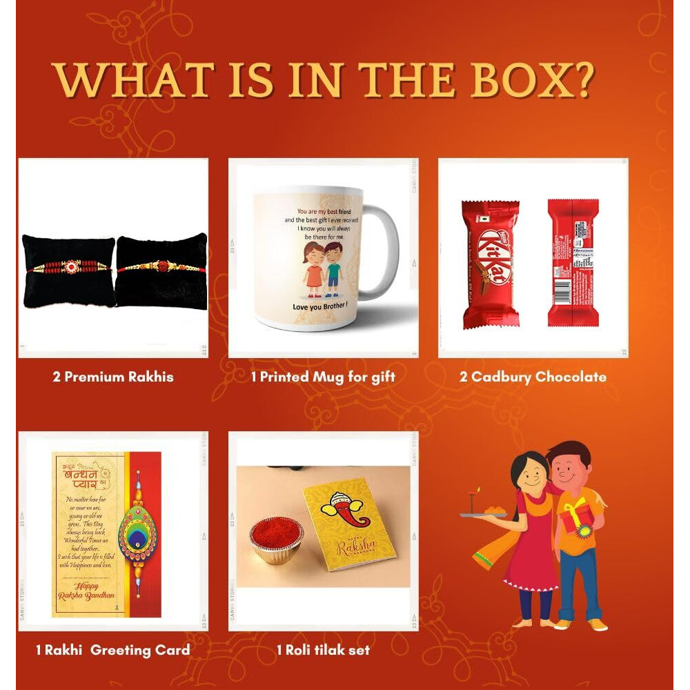 CraftVatika Set of 2 Rakhi for Bhaiya with Chocolate and Mug, Rakhi with Mug Gift Combo, Best Friend Printed Coffee Mug with Pearl, Rudraksh Rakhi with Greeting Card, Tilakk Set, Kitkat Chocolate