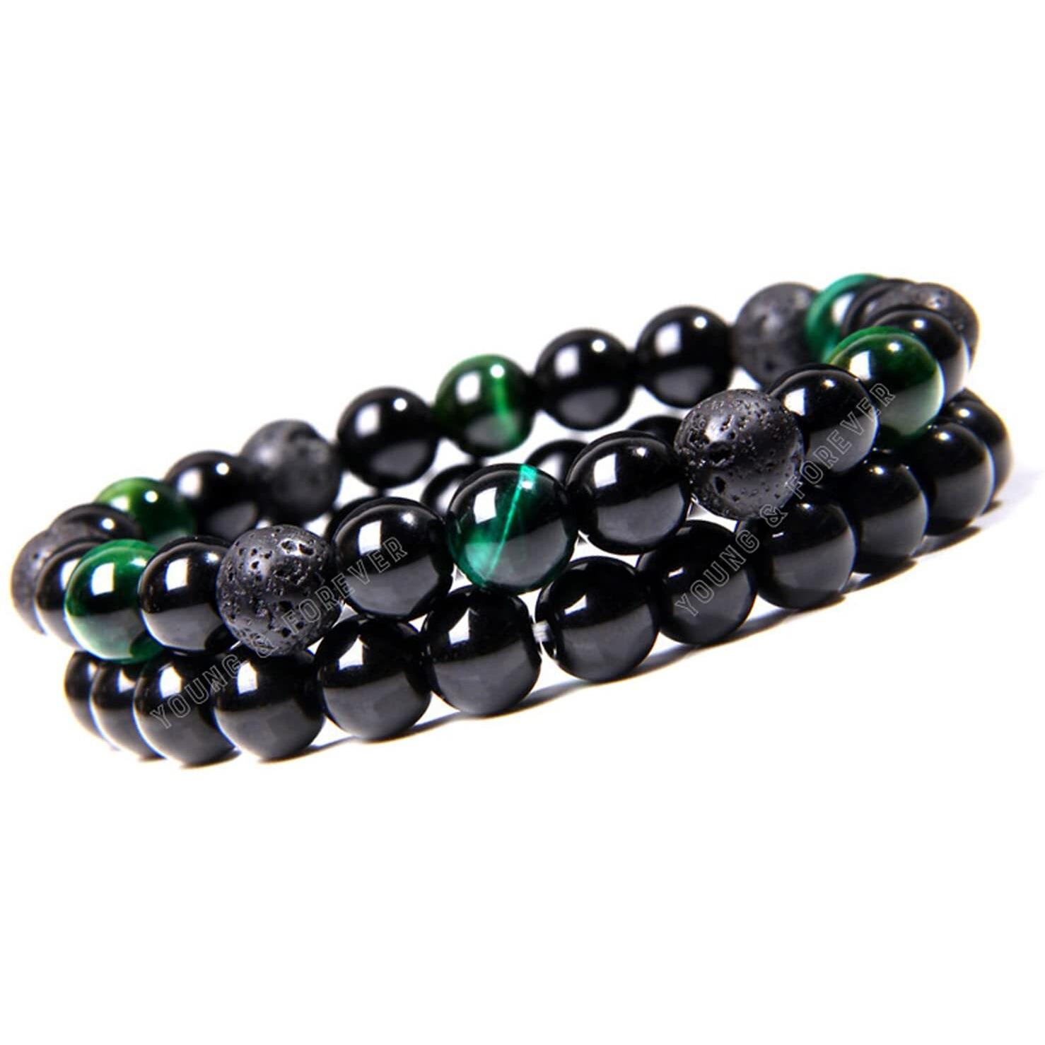 Young & Forever Gift Rakhi Gift for Brother Mothers Day Gifts Reiki Infused Handmade Chakra Bracelets Semi Precious Gemstone Green Tiger Eye Onyx Lava Healing Crystal for Freedom 8mm Round Beads Stretch Bracelet 7 Unisex Pack of 2