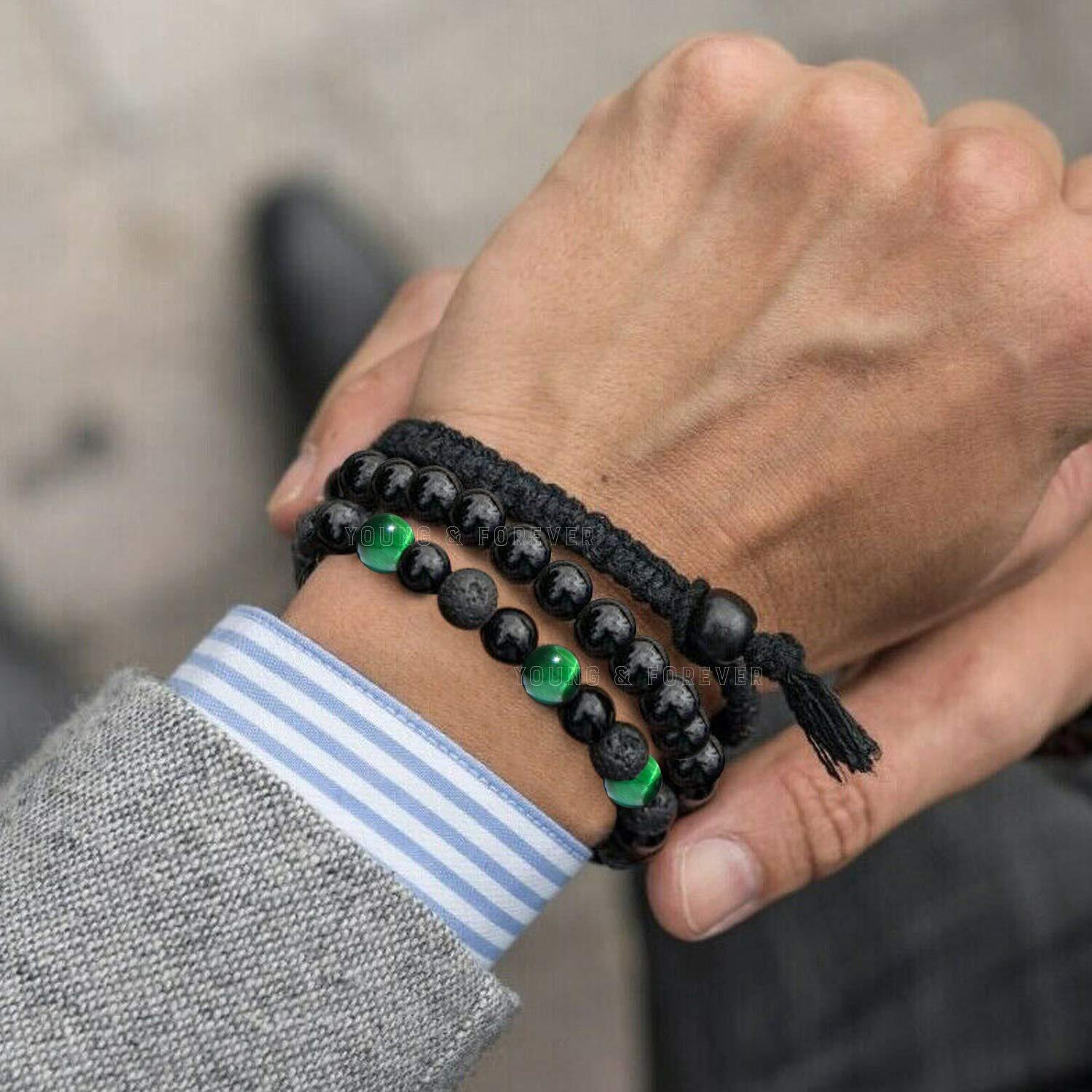 Young & Forever Gift Rakhi Gift for Brother Mothers Day Gifts Reiki Infused Handmade Chakra Bracelets Semi Precious Gemstone Green Tiger Eye Onyx Lava Healing Crystal for Freedom 8mm Round Beads Stretch Bracelet 7 Unisex Pack of 2