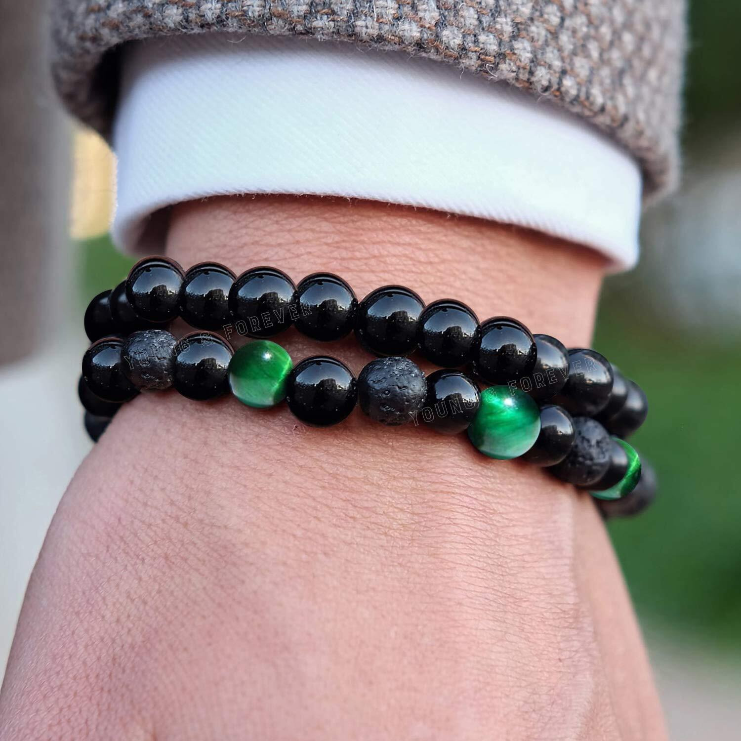Young & Forever Gift Rakhi Gift for Brother Mothers Day Gifts Reiki Infused Handmade Chakra Bracelets Semi Precious Gemstone Green Tiger Eye Onyx Lava Healing Crystal for Freedom 8mm Round Beads Stretch Bracelet 7 Unisex Pack of 2
