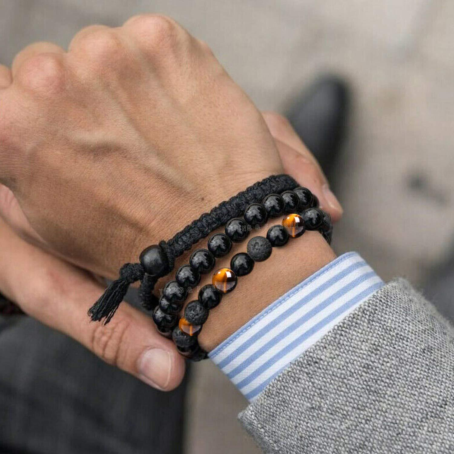 Young & Forever Gift Rakhi Gift for Brother Reiki Infused Handmade Chakra Bracelets Semi Precious Gemstone Tiger Eye Onyx Lava Healing Crystal 8mm Round Beads Stretch Bracelet 7 Unisex Pack of 2