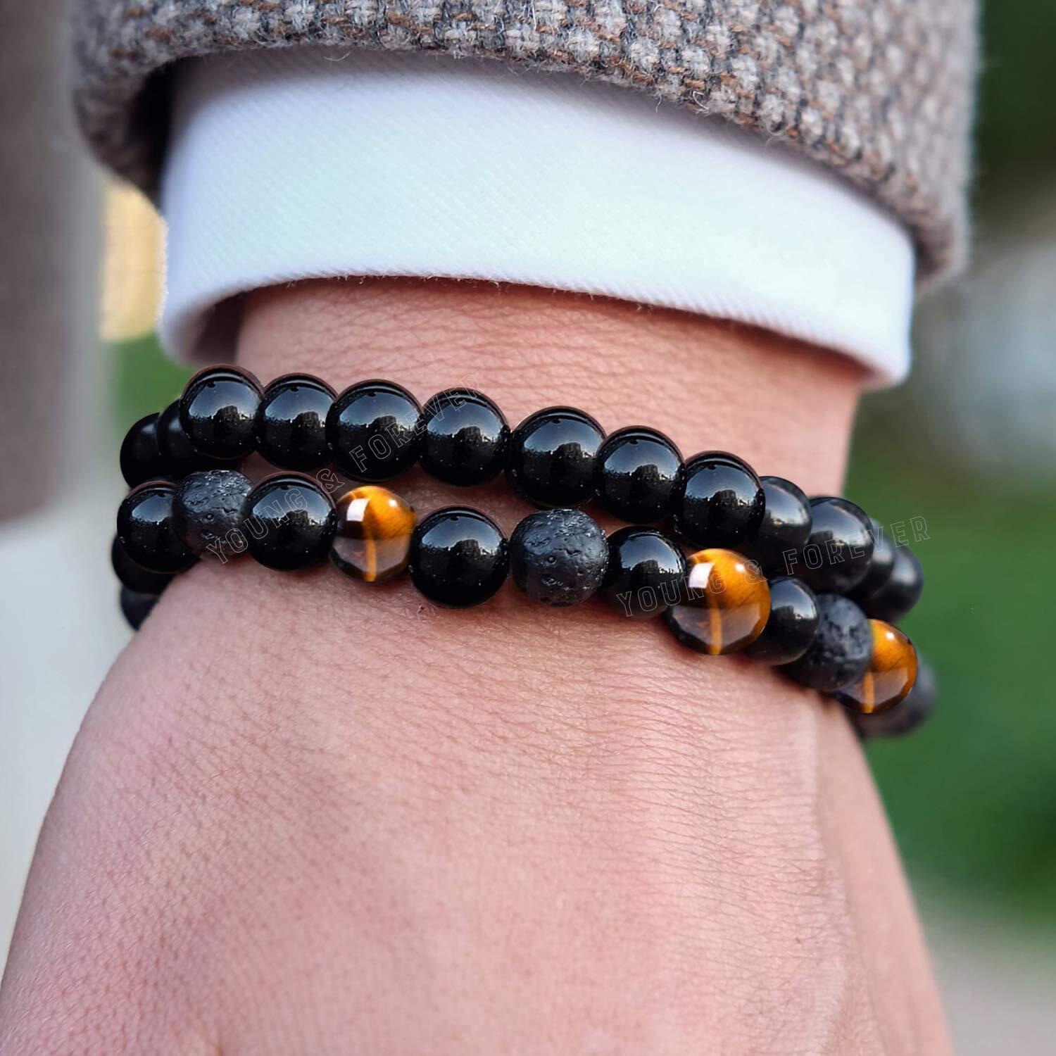 Young & Forever Gift Rakhi Gift for Brother Reiki Infused Handmade Chakra Bracelets Semi Precious Gemstone Tiger Eye Onyx Lava Healing Crystal 8mm Round Beads Stretch Bracelet 7 Unisex Pack of 2