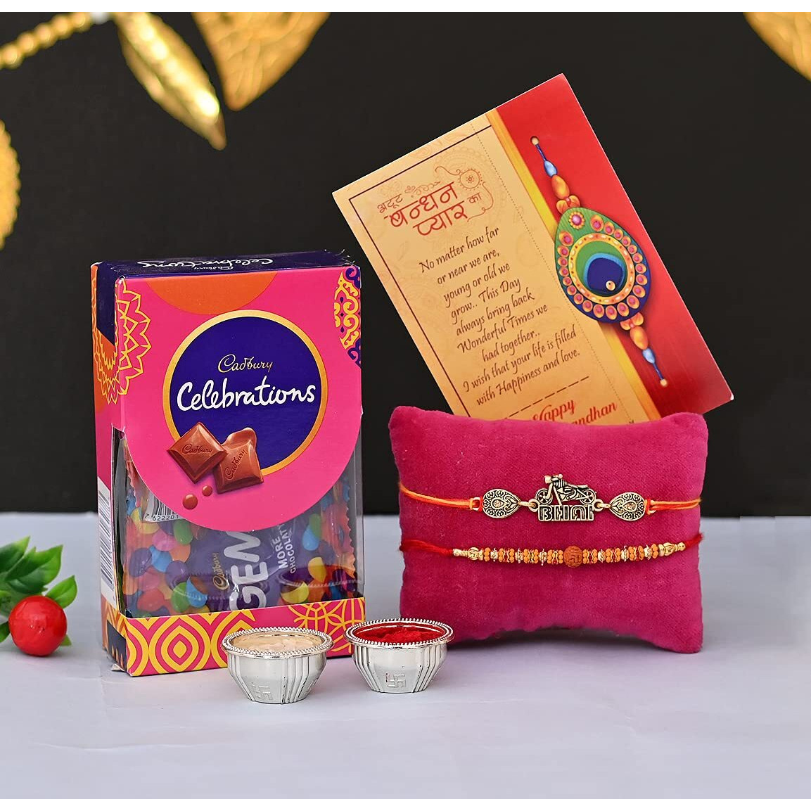 Set of 2 Rakhi For Brother With Chocolate Combo Gift, Rakhi with chocolate For Bhai Bhabhi Kids, Rakhi Gift Hamper/Bike Rakhi Rudraksh Rakhi for Bhaiya/Bhai/Bro with Cadbury Celebration Pack