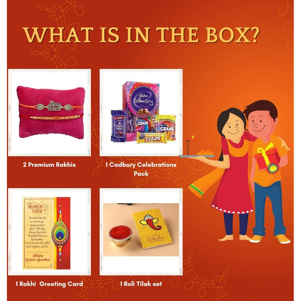 Set of 2 Rakhi For Brother With Chocolate Combo Gift, Rakhi with chocolate For Bhai Bhabhi Kids, Rakhi Gift Hamper/Bike Rakhi Rudraksh Rakhi for Bhaiya/Bhai/Bro with Cadbury Celebration Pack