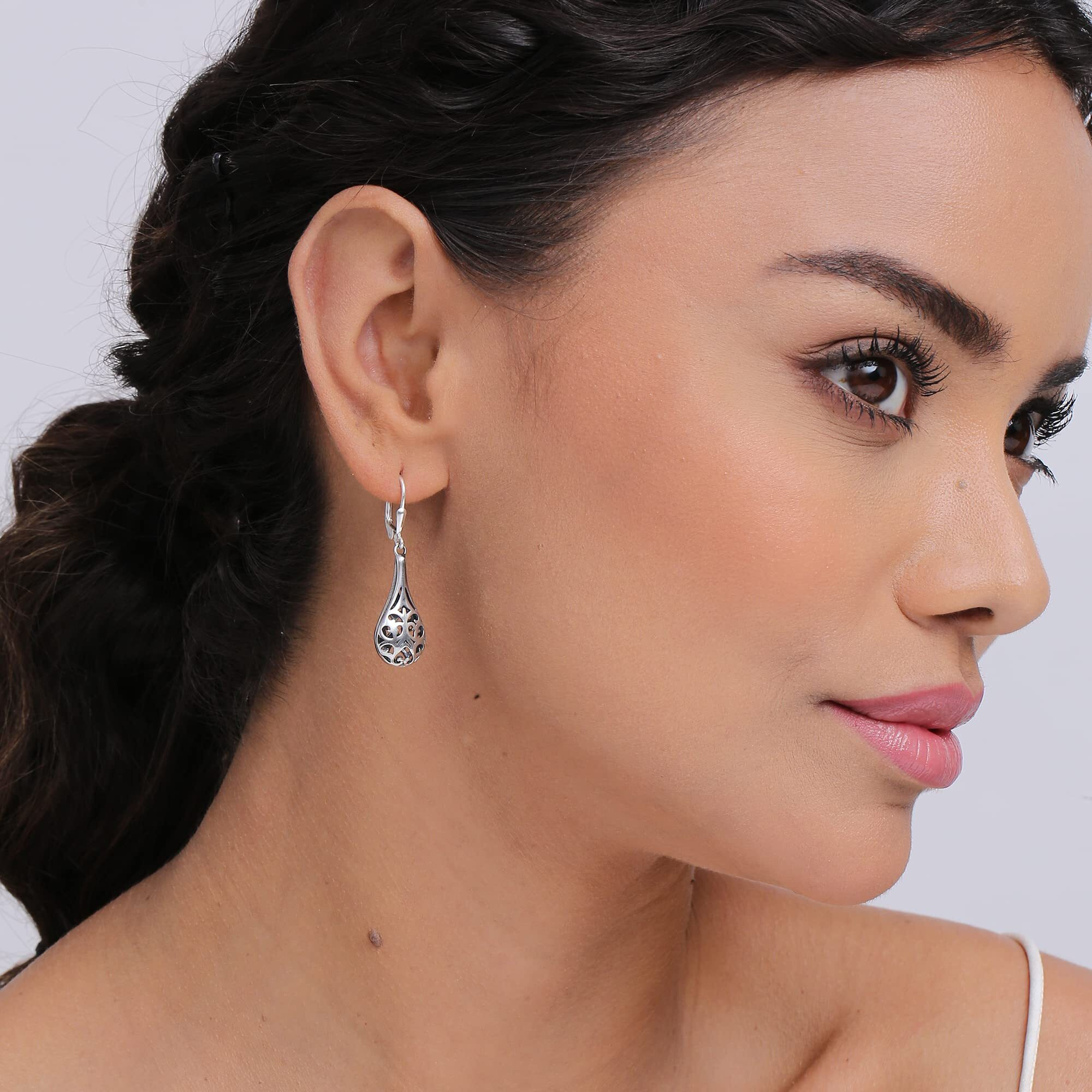 LeCalla 925 Sterling Silver BIS Hallmarked Filigree Leverback Drop Dangle Hoop Earrings for Women and Girls | Rakhi Gift for Sister