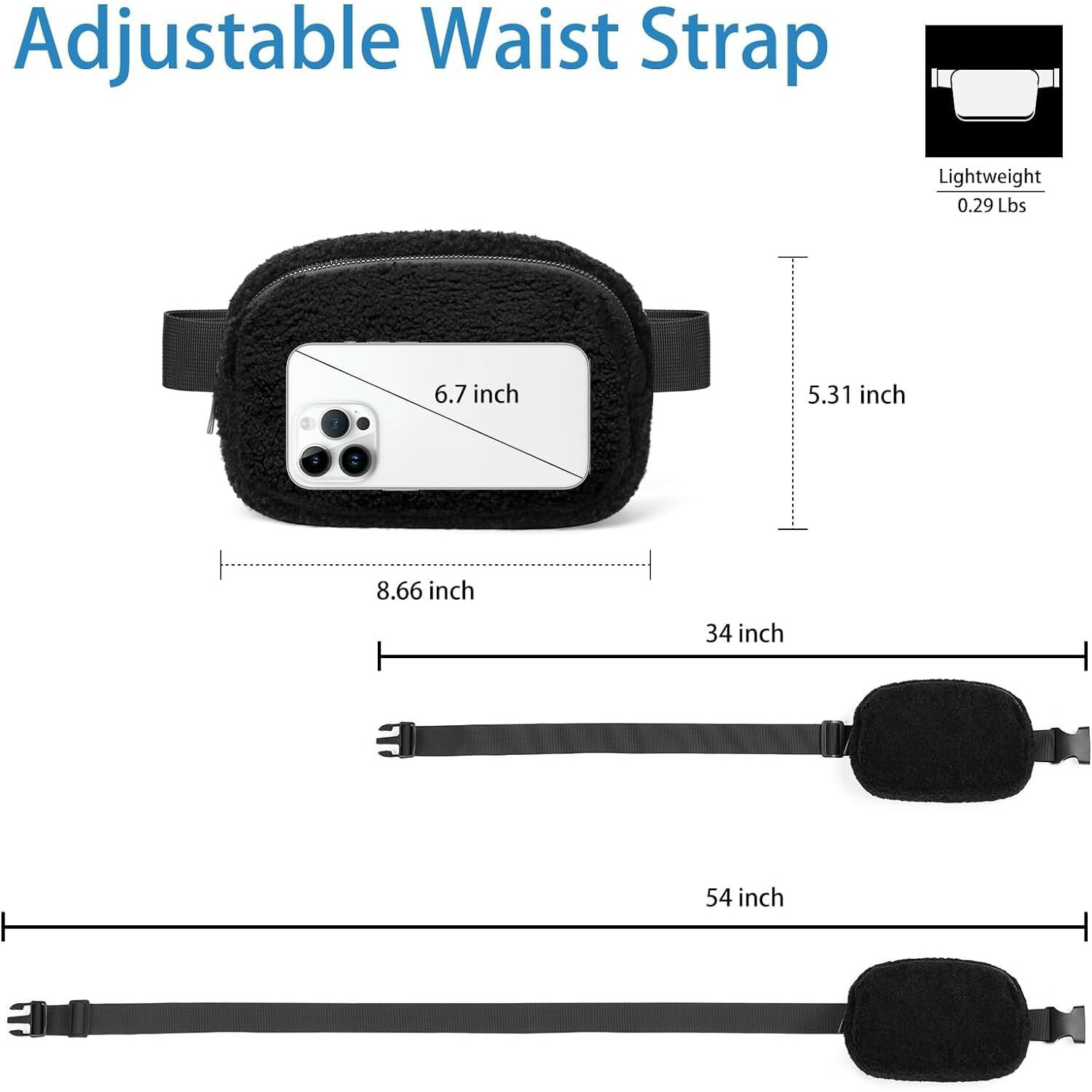 Dravina Waist Bag For Women & Men| Rakhi Gift for Brother| Premium Crossbody Fanny Pack With Large Capacity Pouch, Back Zipper Pocket, Adjustable Straps & Mesh Pockets For Travel, Hiking| 20cm (Black)