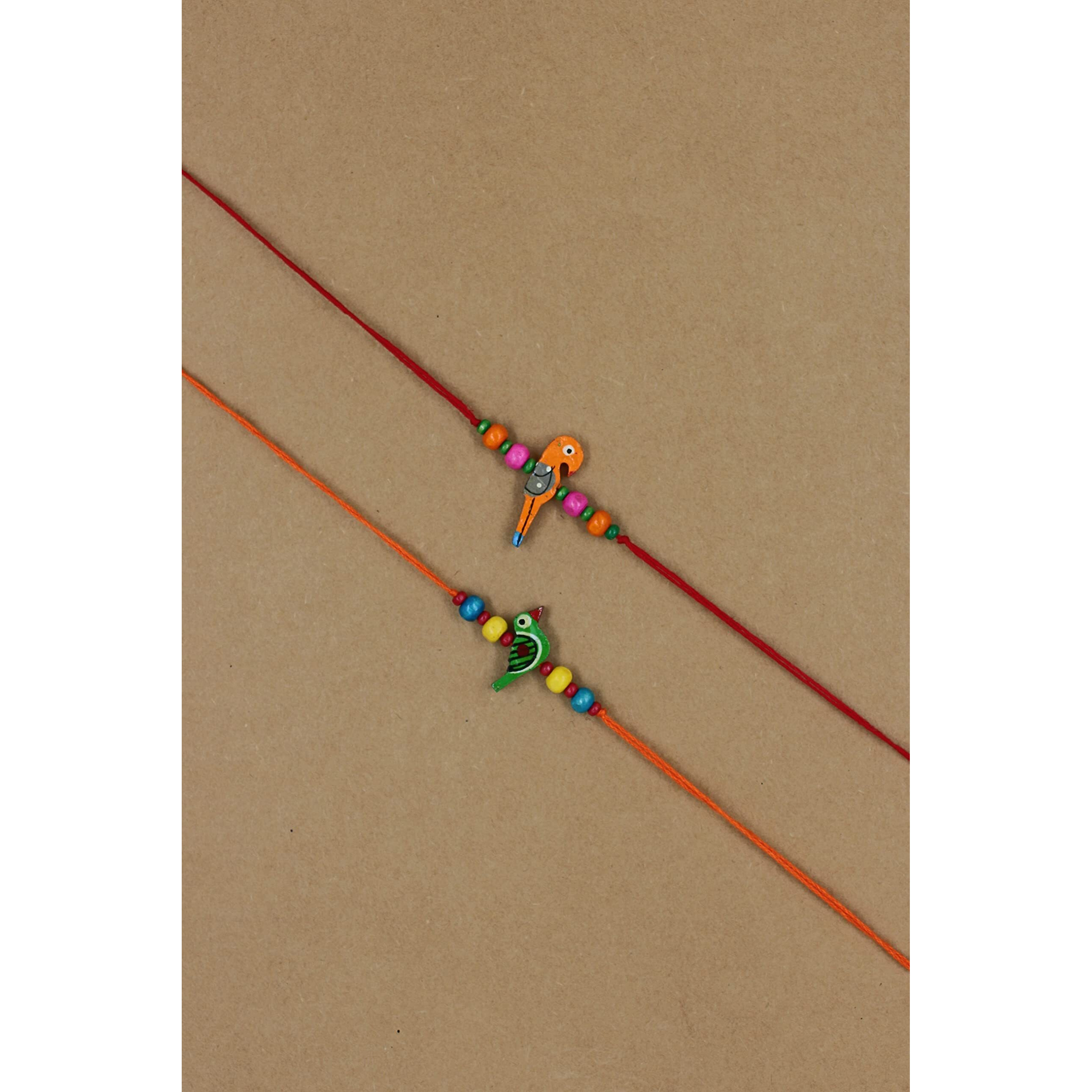 Prapti Handicrafts Handmade Wooden Bird Beads Rakhi for Brothers/Kids combo of (Combo of 2)