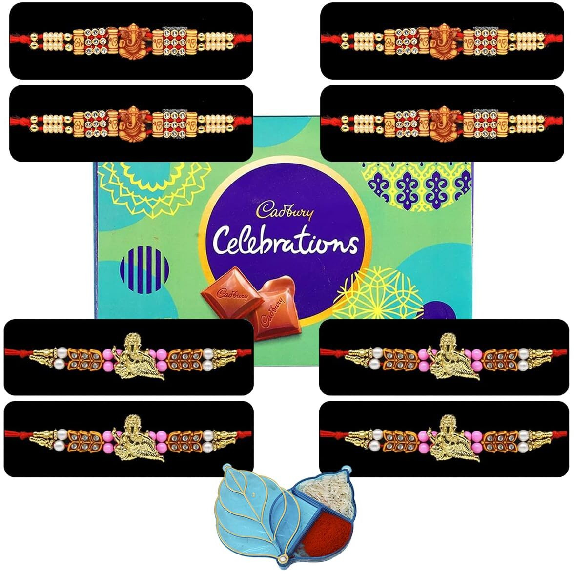 Saugat Traders Ganesh Ji Set of 8 for Bhai with Chocolate Hamper - Ganesha Rakhi Wooden Rakhi for Brother with Chocolate Pack - Traditional Rakhi Combo with Roli Chawal and Chopra