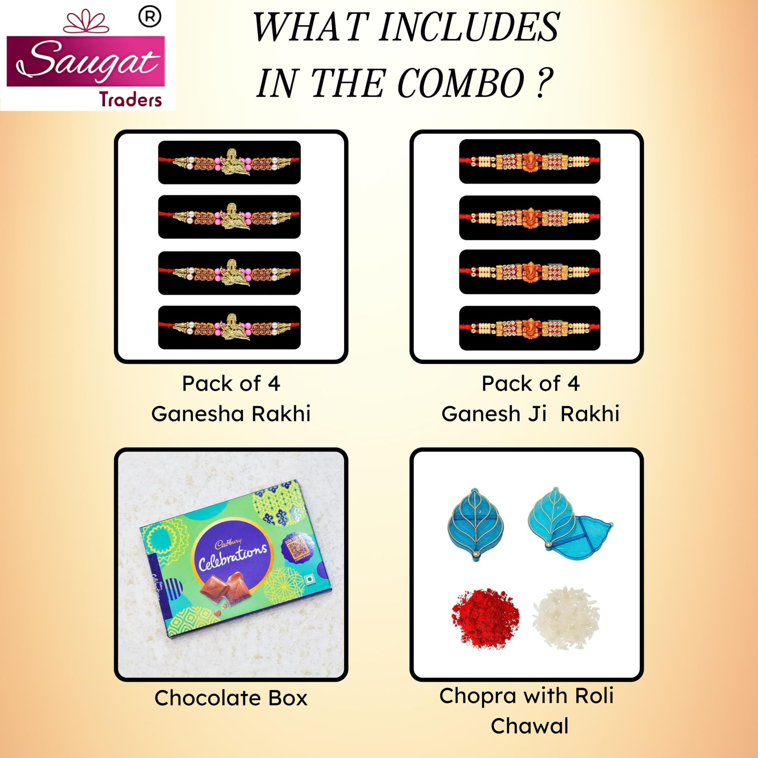 Saugat Traders Ganesh Ji Set of 8 for Bhai with Chocolate Hamper - Ganesha Rakhi Wooden Rakhi for Brother with Chocolate Pack - Traditional Rakhi Combo with Roli Chawal and Chopra