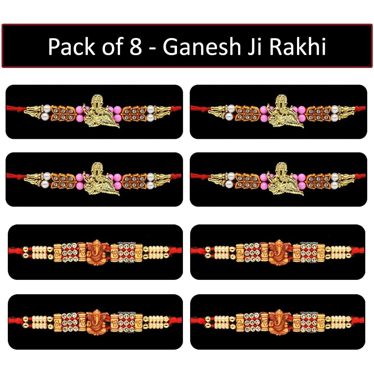 Saugat Traders Ganesh Ji Set of 8 for Bhai with Chocolate Hamper - Ganesha Rakhi Wooden Rakhi for Brother with Chocolate Pack - Traditional Rakhi Combo with Roli Chawal and Chopra