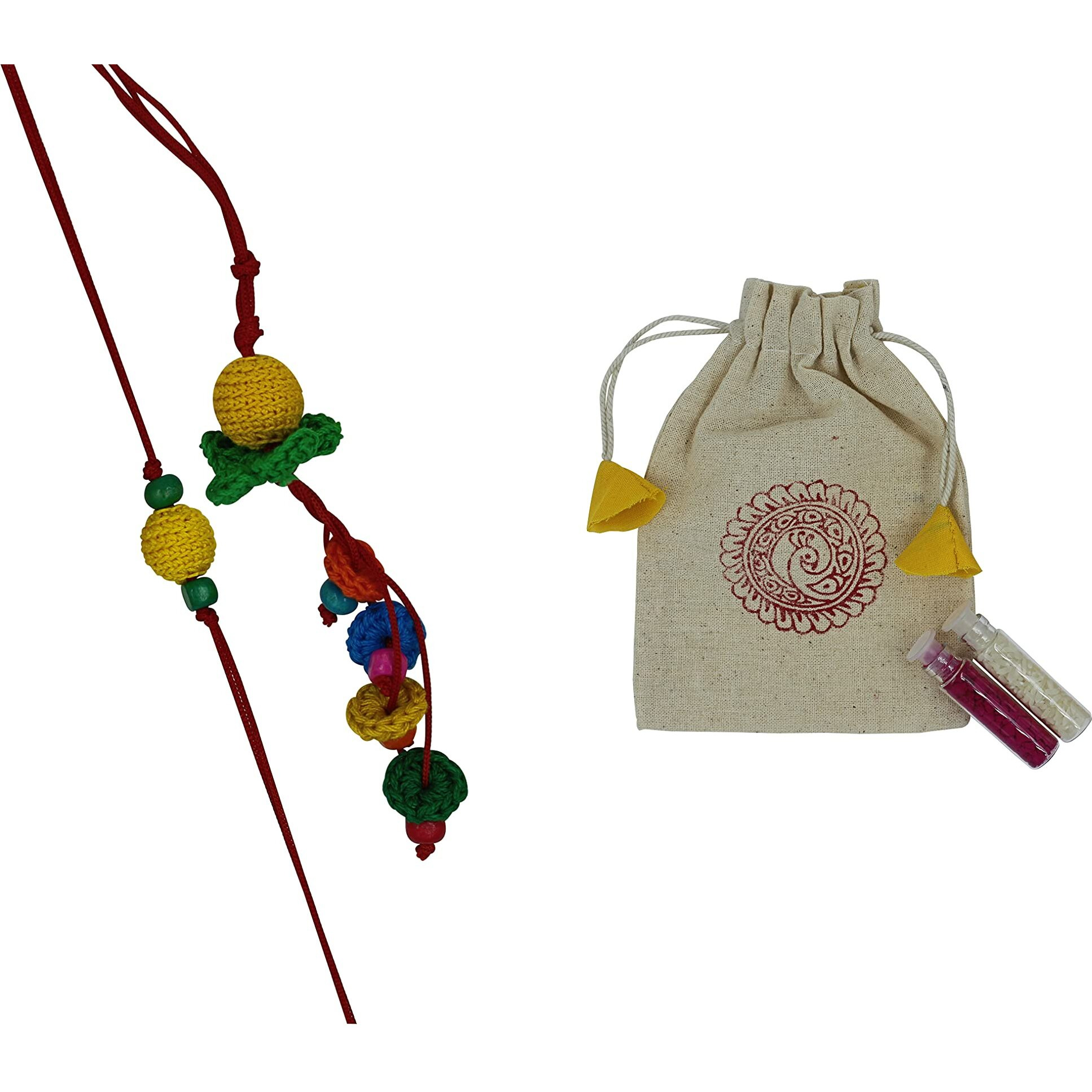 Prapti Handicrafts Handmade Embroidery Crochet Rakhi for Bhai/Bhabhi with Roli Chawal (Pack of 2)