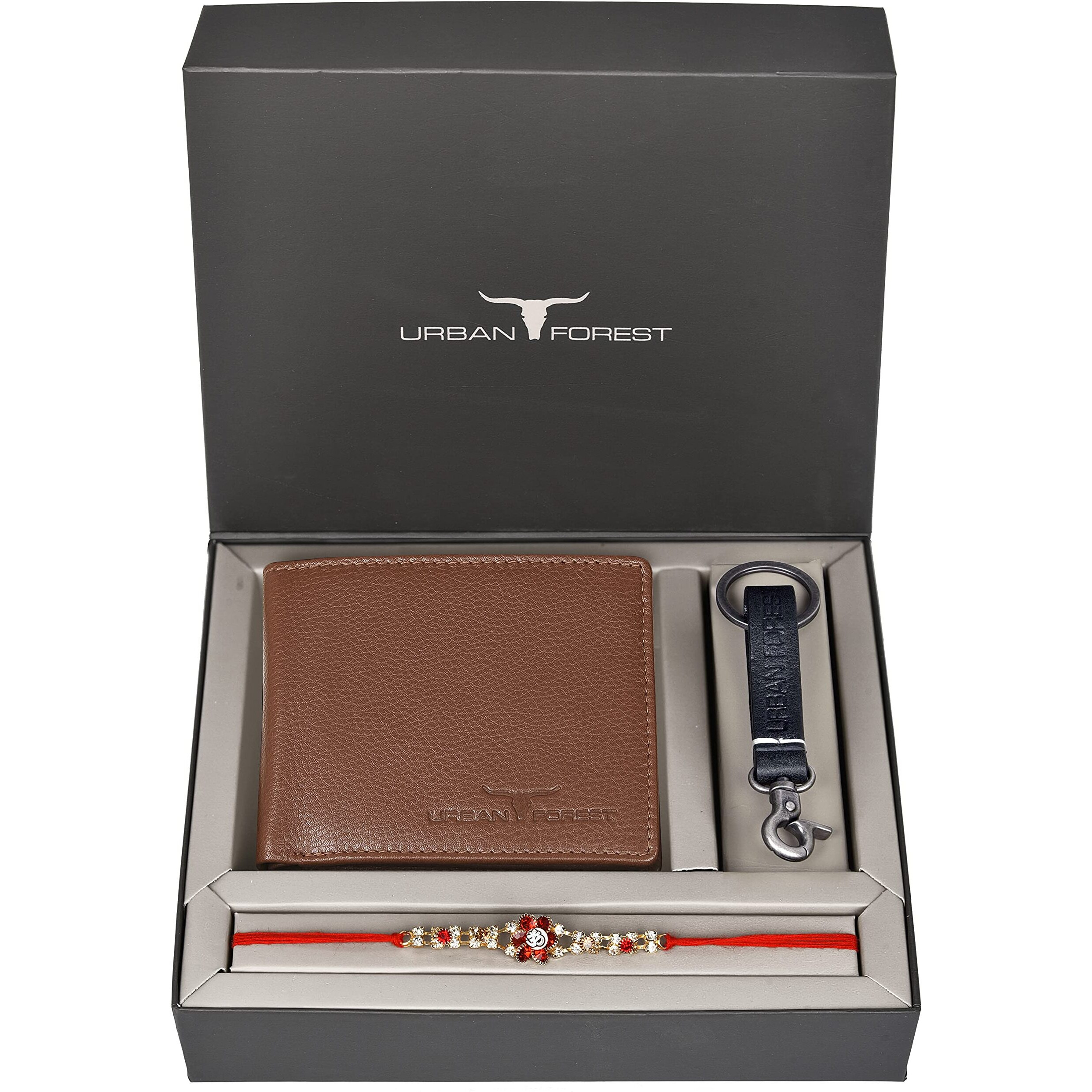URBAN FOREST Rakhi Gift Hamper for Brother - Classic Redwood Mens Leather Wallet, Black Keyring and Rakhi Combo Gift Set for Brother - 4573