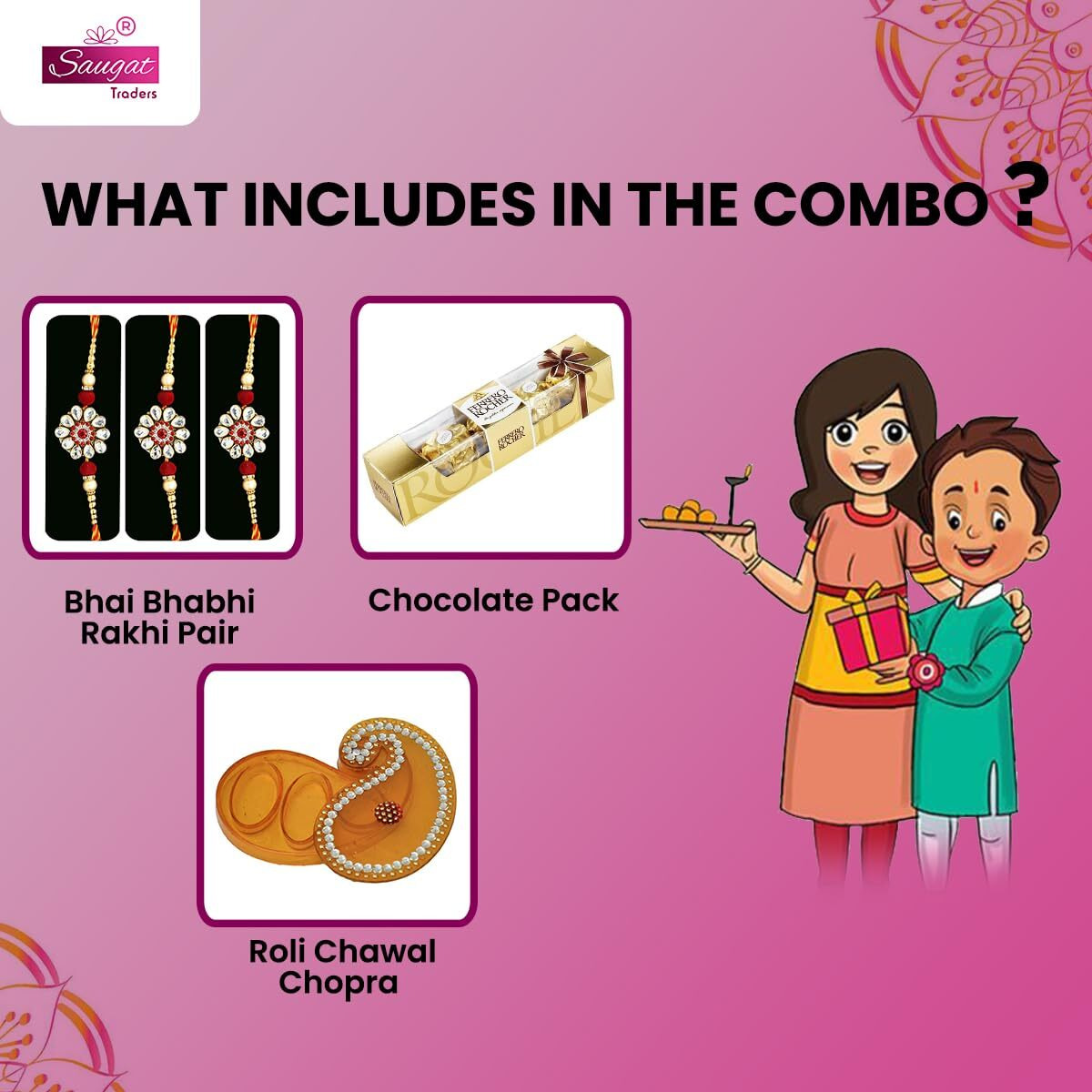 Saugat Traders Rakhi Set of 3 with Chocolate Pack for Brother - Designer Rakhi with Gift for Bada Bhai and Roli Chawal Chopra