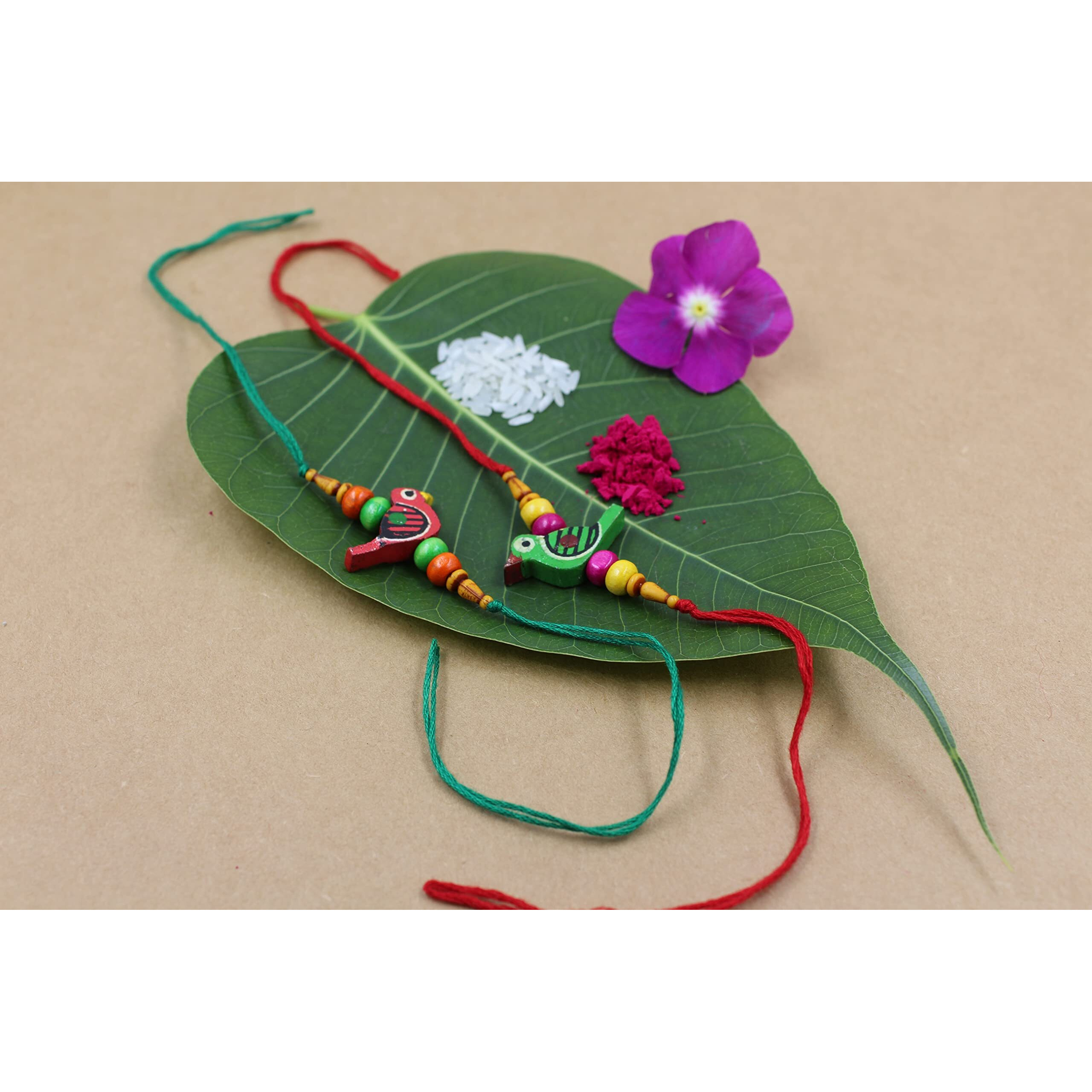 Prapti handicrafts Handmade Wooden Bird Beads Rakhi For Brothers/Kids combo of 2