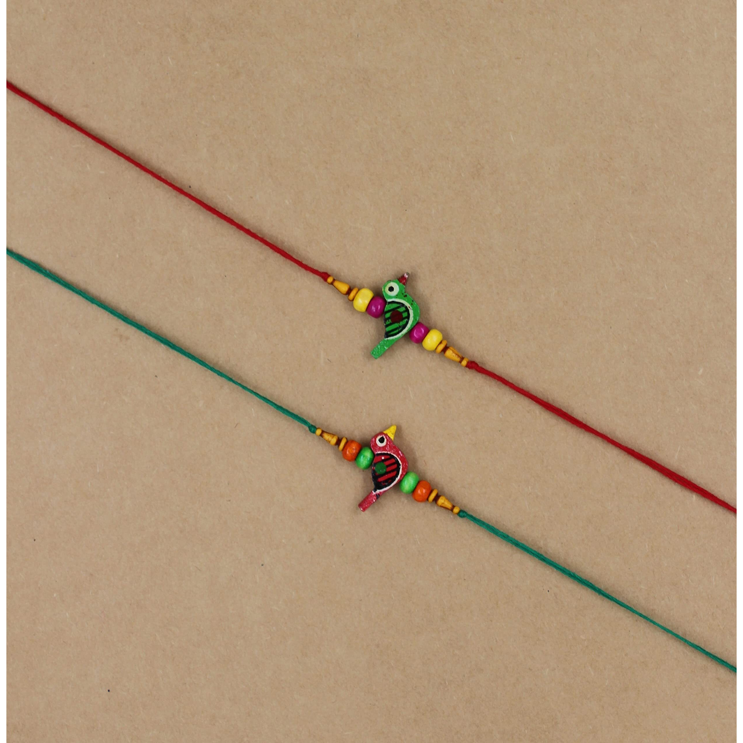 Prapti handicrafts Handmade Wooden Bird Beads Rakhi For Brothers/Kids combo of 2