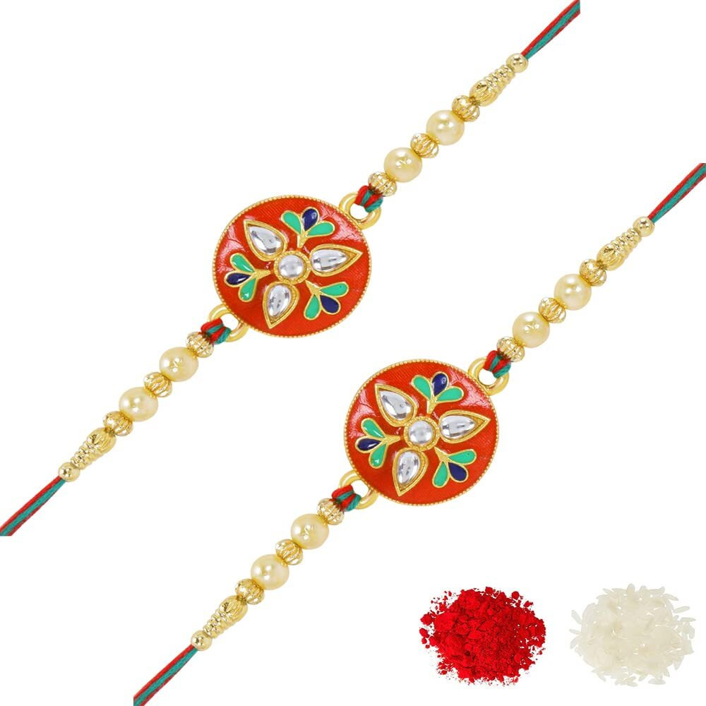 Riddhika Ventures Stunning Gold Plated Designer Brothers Rakhi (Set of2) with Roli Chawal and Greeting Card (P2P2)