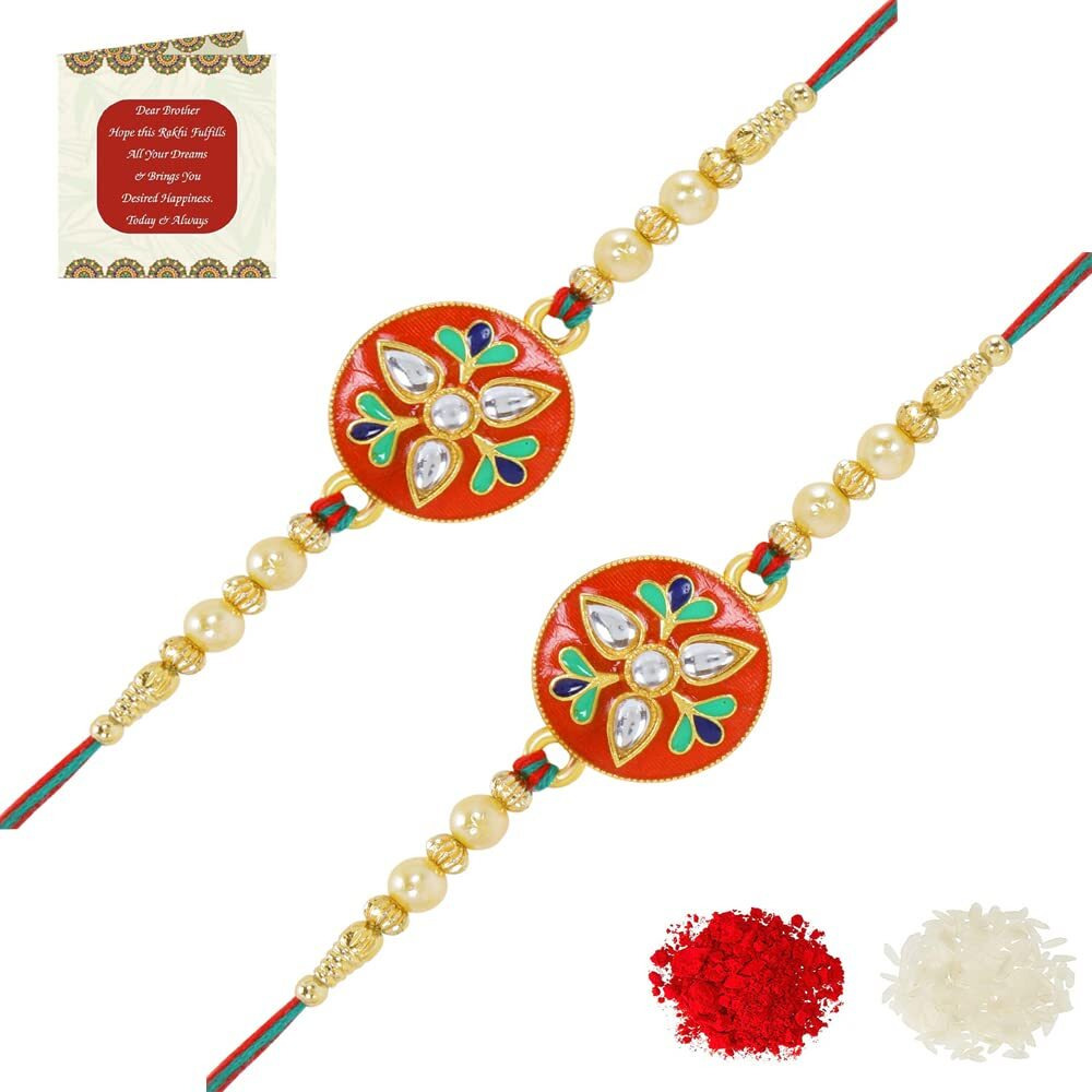 Riddhika Ventures Stunning Gold Plated Designer Brothers Rakhi (Set of2) with Roli Chawal and Greeting Card (P2P2)