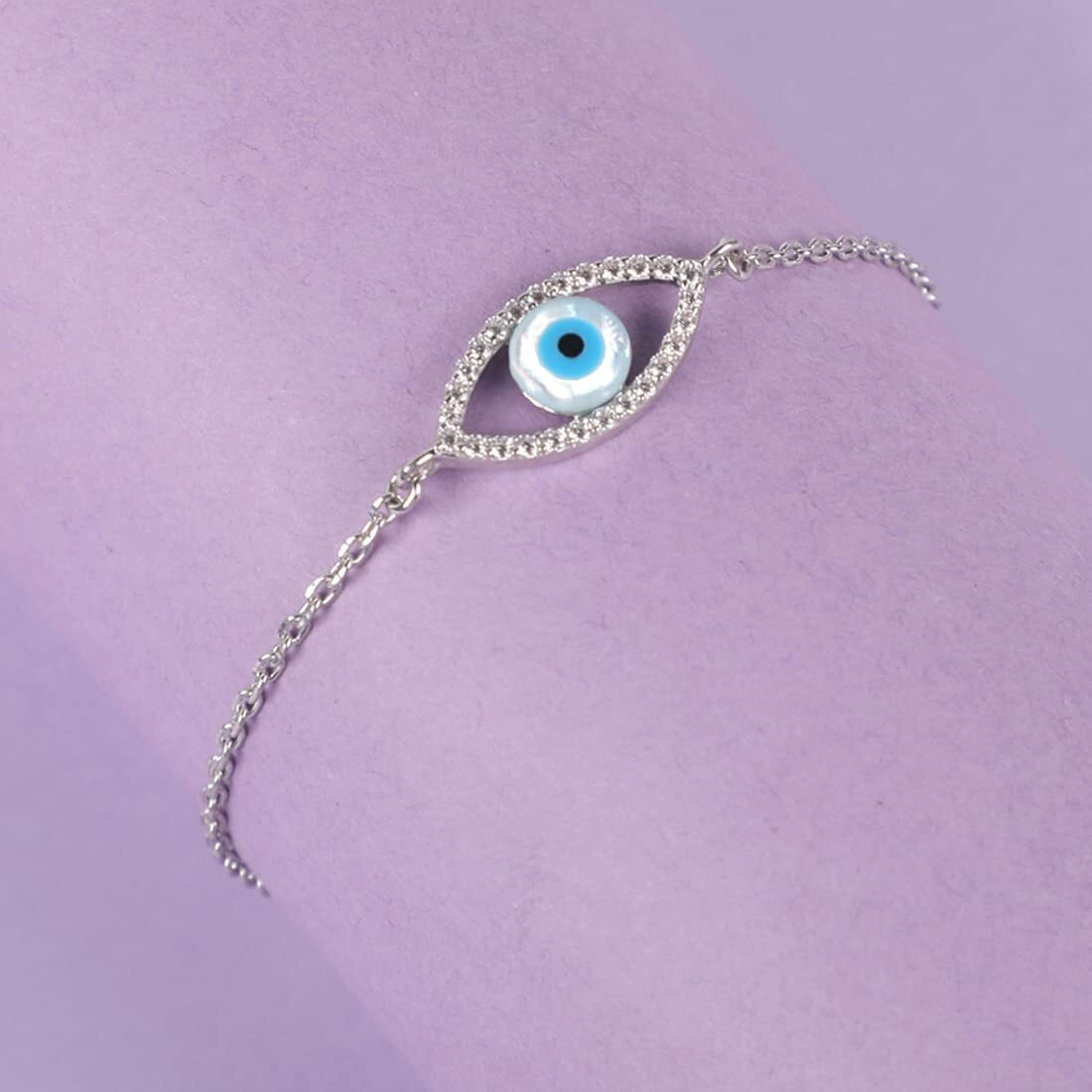 Clara 925 Sterling Silver Evil Eye Halo Bracelet, Rakhi for Bhabhi | Adjustable, Rhodium Plated, Swiss Zirconia | Gift for Women and Girls