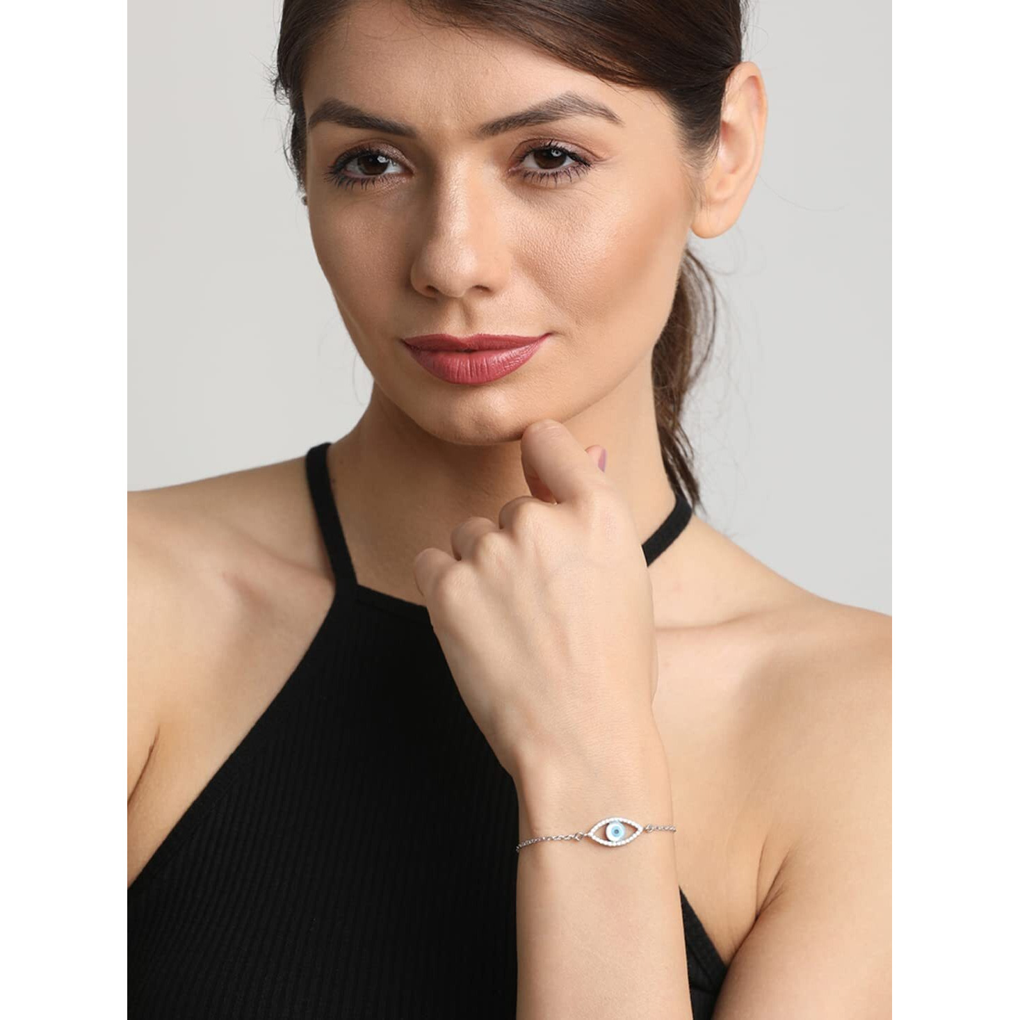 Clara 925 Sterling Silver Evil Eye Halo Bracelet, Rakhi for Bhabhi | Adjustable, Rhodium Plated, Swiss Zirconia | Gift for Women and Girls