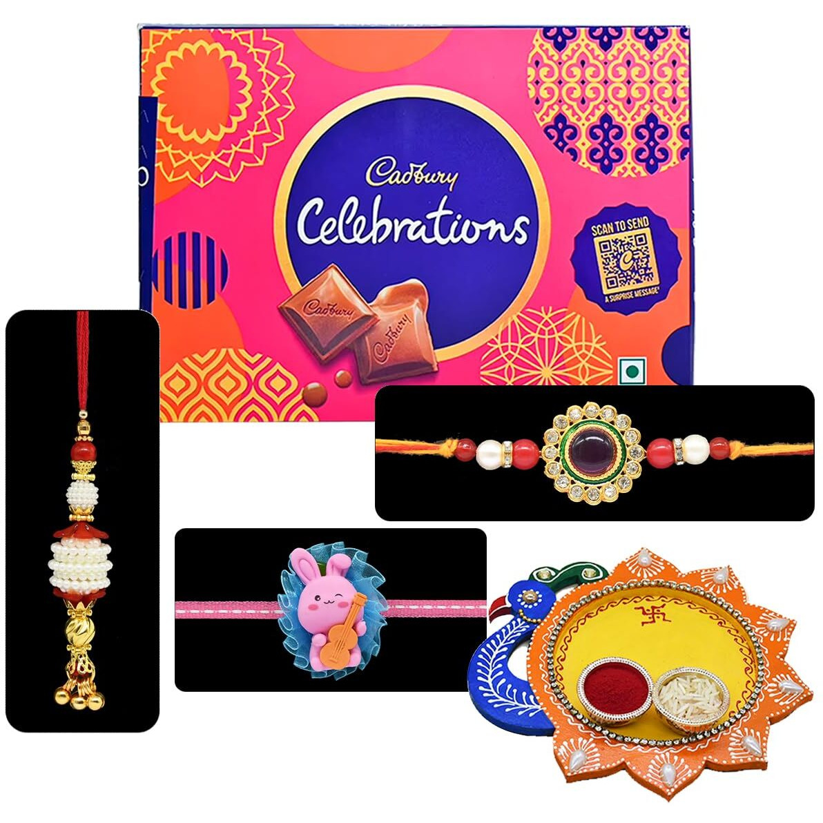 Saugat Traders Rakhi for Bhaiya Bhabhi and Kid with Chocolate and Decorated Wooden Pooja Thali - Designer Rakhi for Beloved Brother - Lumba Rakhi for Bhabhi - Cartoon Rakhi for Kid