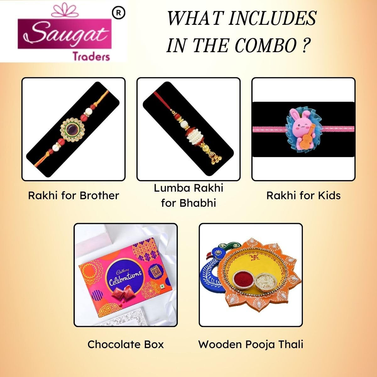 Saugat Traders Rakhi for Bhaiya Bhabhi and Kid with Chocolate and Decorated Wooden Pooja Thali - Designer Rakhi for Beloved Brother - Lumba Rakhi for Bhabhi - Cartoon Rakhi for Kid
