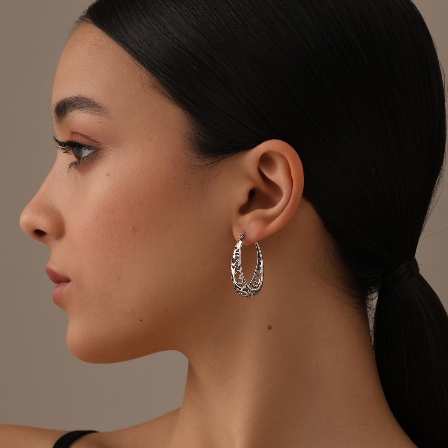 LeCalla 925 Sterling Silver BIS Hallmarked Antique Oval Filigree Click-Top Hoop Earrings for Women and Girls | Rakhi Gift for Sister