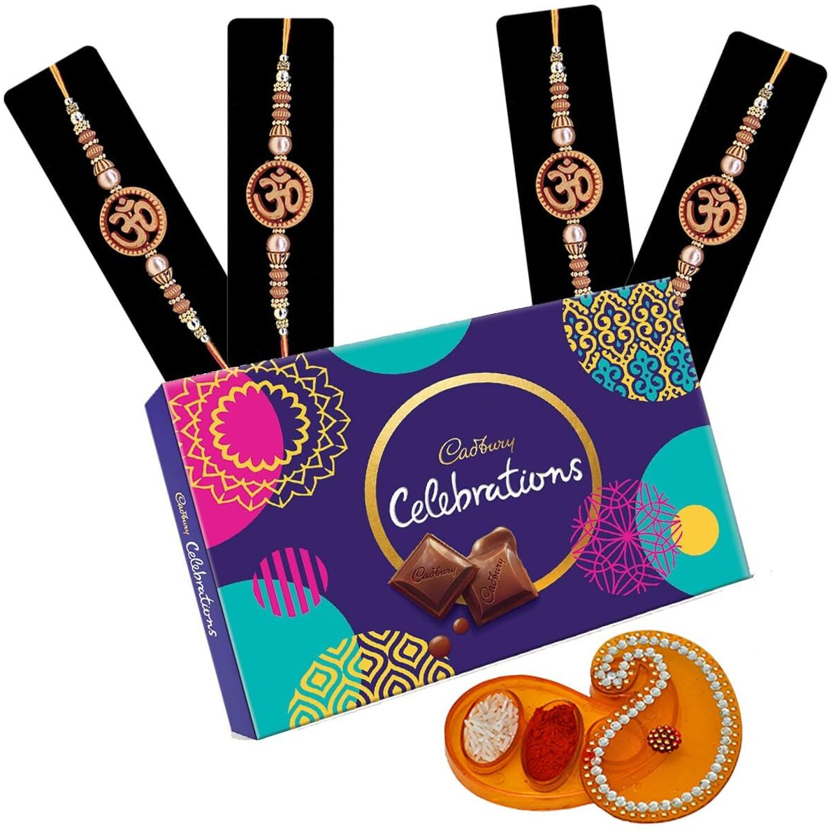 Saugat Traders OM Rakhi for Bhai Set of 4 with Chocolate Pack - Handmade Rakhi for Beloved Brother - Exclusive Rakhi for Bhai - Premium Rakhi with Roli Chawal Chopra