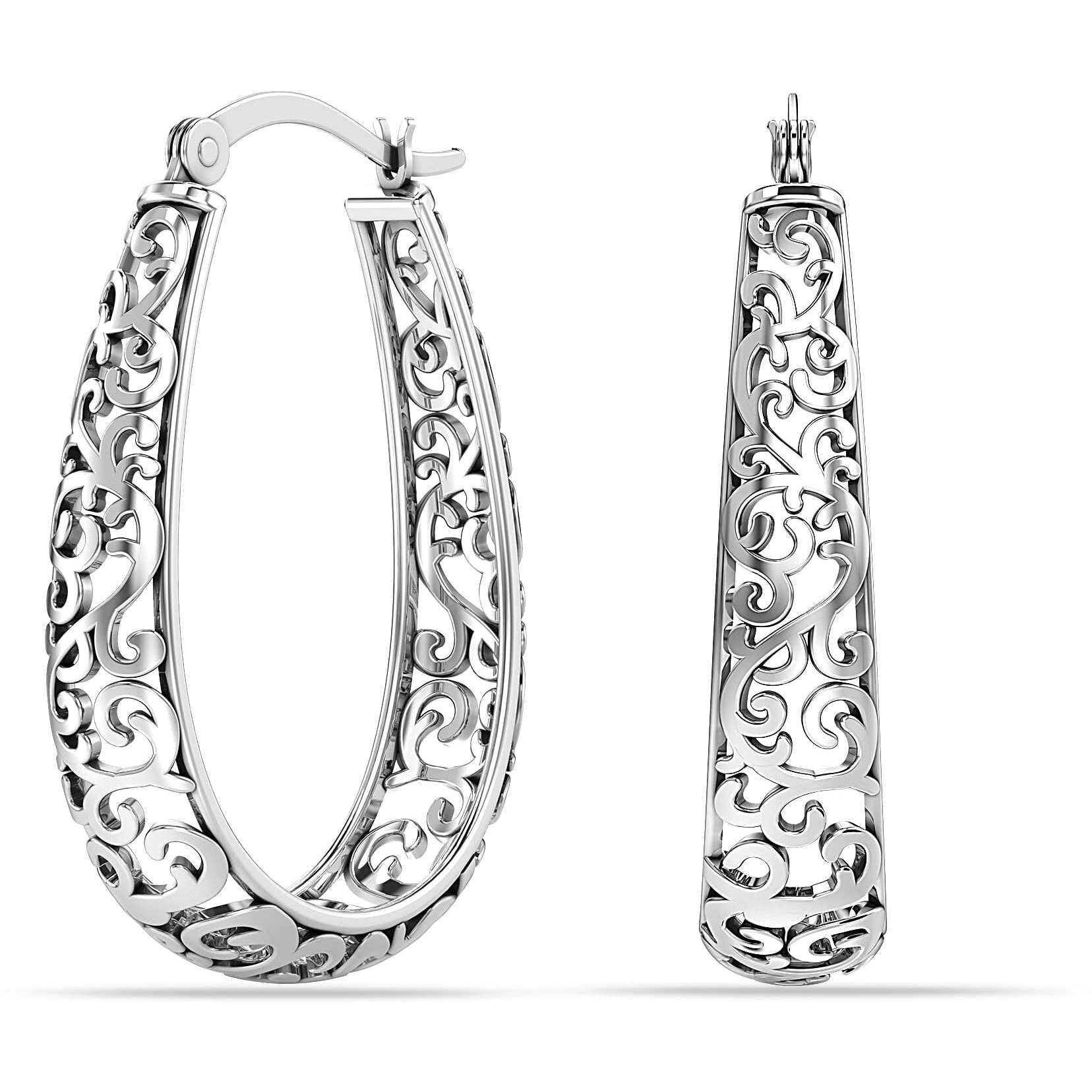 LeCalla 925 Sterling Silver BIS Hallmarked Antique Oval Filigree Click-Top Hoop Earrings for Women and Girls | Rakhi Gift for Sister