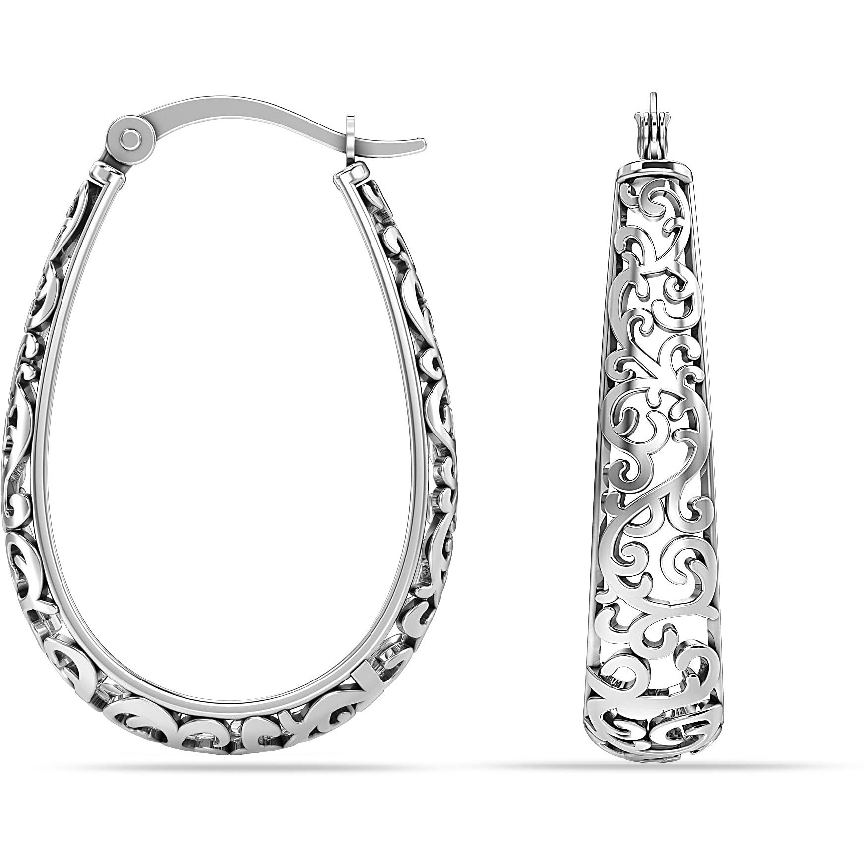 LeCalla 925 Sterling Silver BIS Hallmarked Antique Oval Filigree Click-Top Hoop Earrings for Women and Girls | Rakhi Gift for Sister