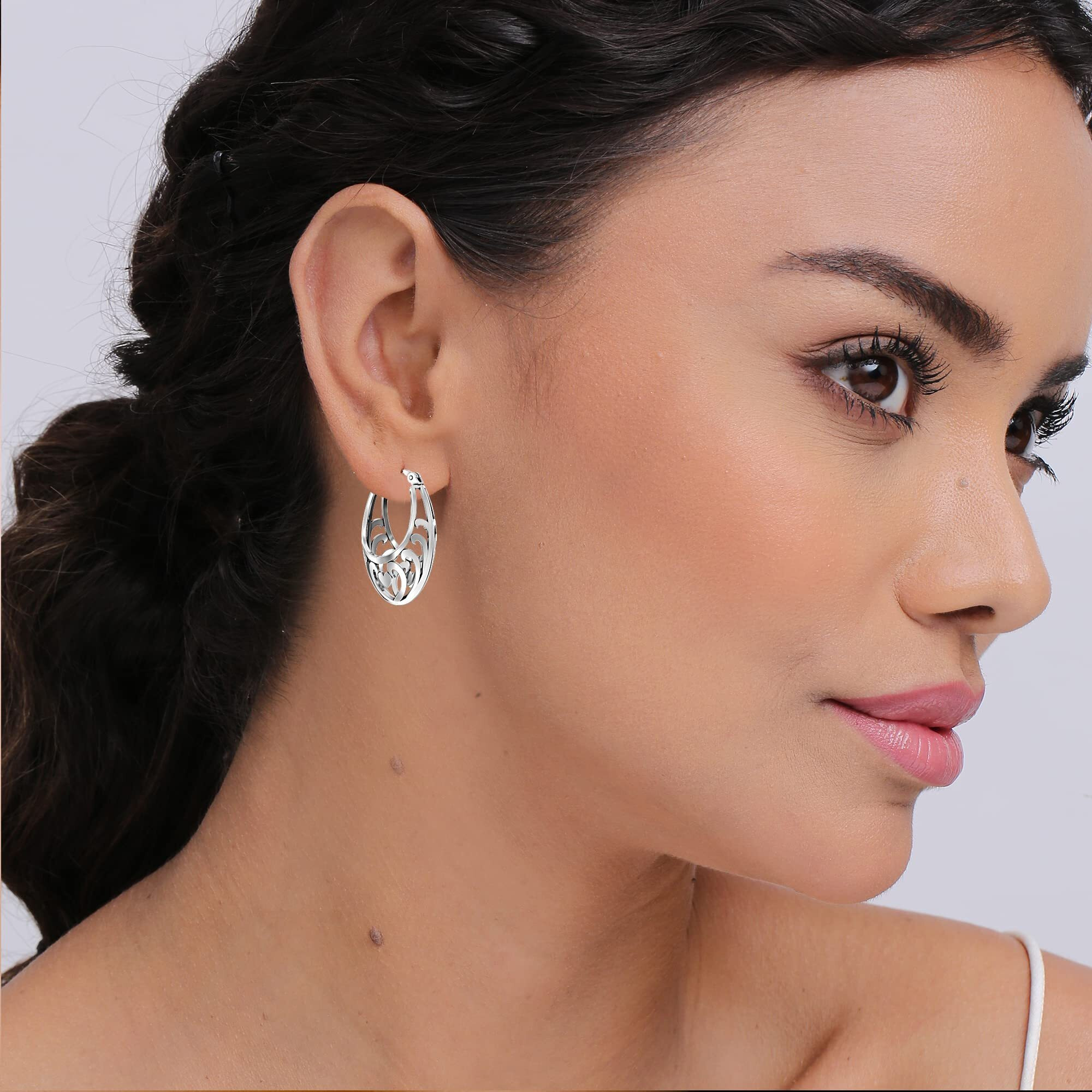 LeCalla 925 Sterling Silver BIS Hallmarked Antique Filigree Cut-Out Hoop Earring for Girls and Women | Rakhi Gift for Sister