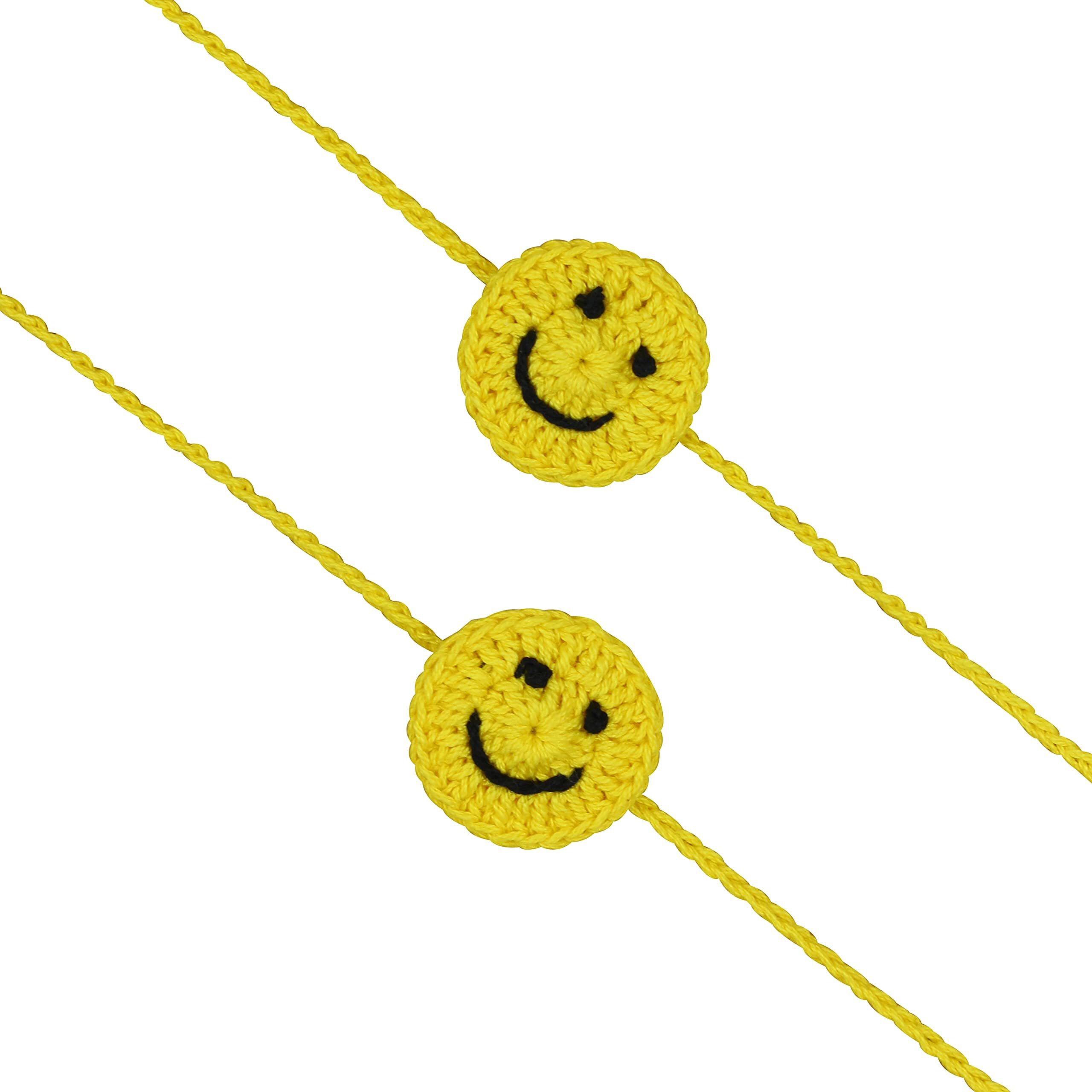 Prapti Handicrafts Handmade Embroidery Crochet Rakhi for Bhai/Bhabhi with Roli Chawal (smily pack of 2)