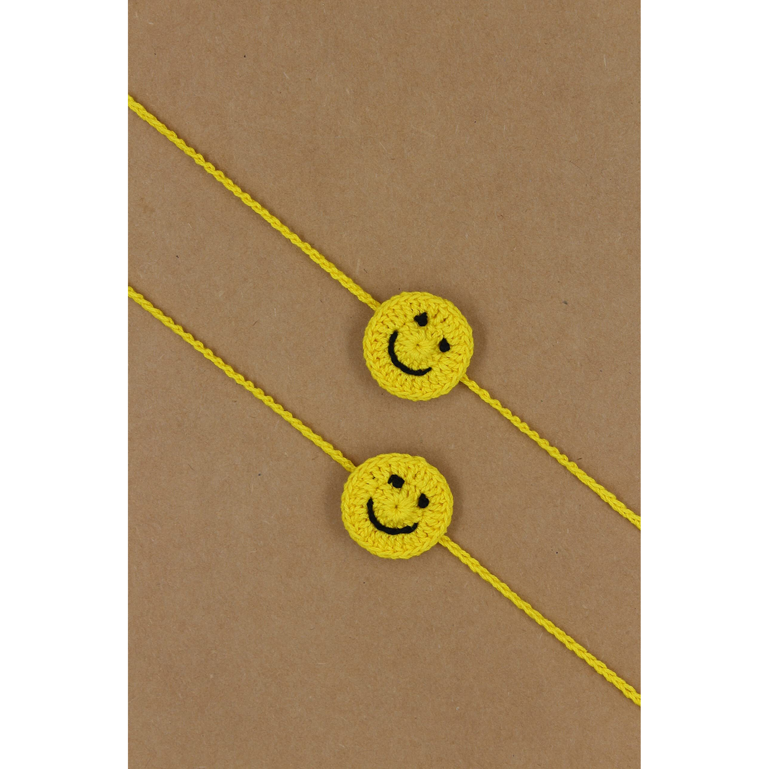 Prapti Handicrafts Handmade Embroidery Crochet Rakhi for Bhai/Bhabhi with Roli Chawal (smily pack of 2)