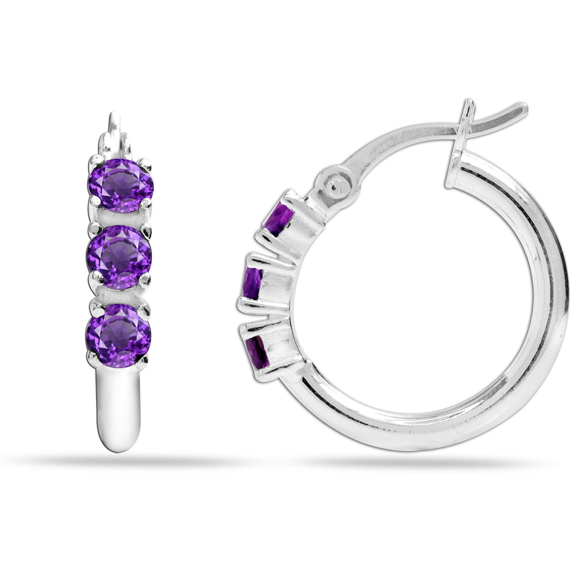 LeCalla 925 Sterling Silver BIS Hallmarked Amethyst Small Hoop Earrings for Girls and Women (3 MM Round) | Rakhi Gift for Sister