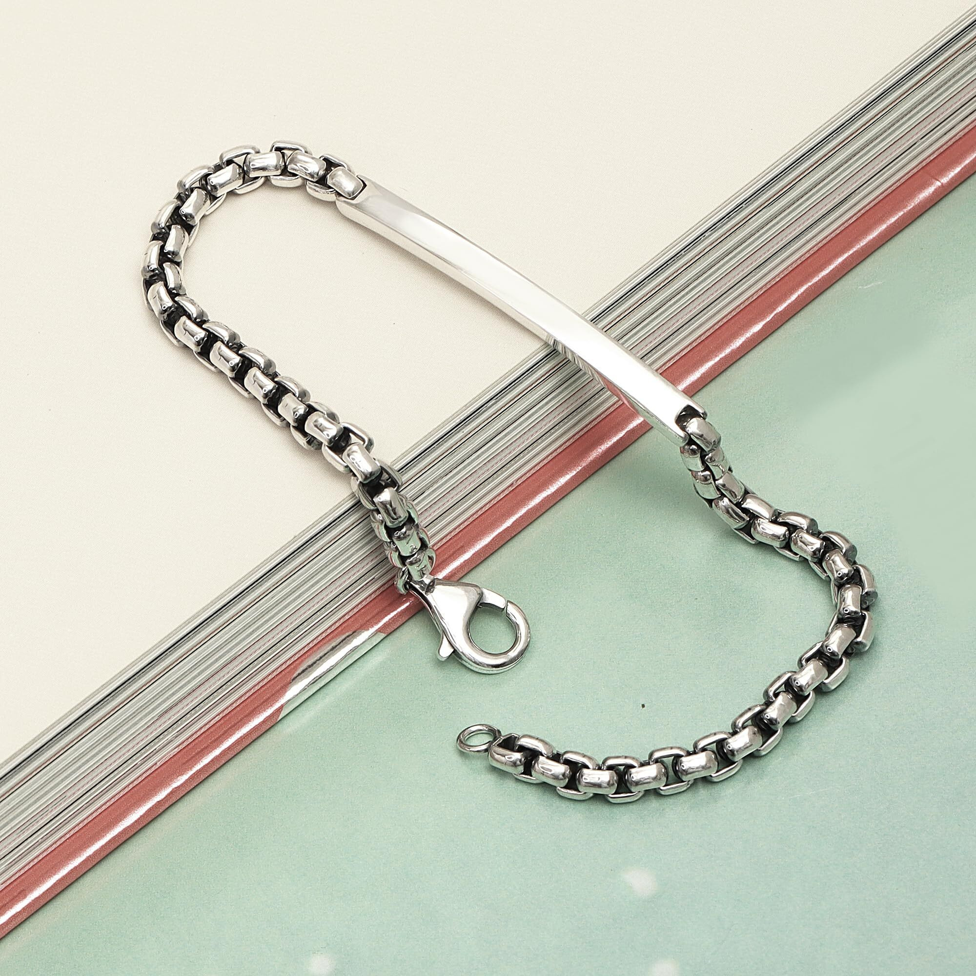 LeCalla 925 Sterling Silver BIS Hallmarked Round Box Chain ID Bracelet for Men and Boys 8 Inches | Rakhi for Brother