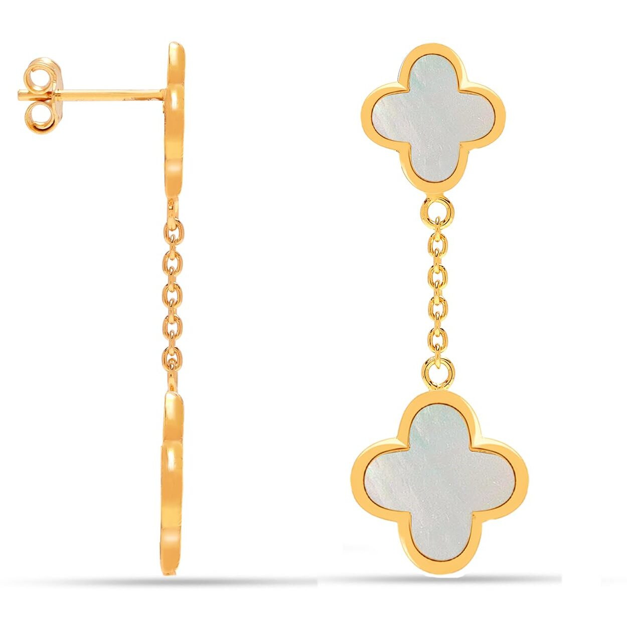 LeCalla 925 Sterling Silver BIS Hallmarked Gold-Plated Clover Flower Mother of Pearl Drop Dangle Earrings for Women | Rakhi Gift for Sister