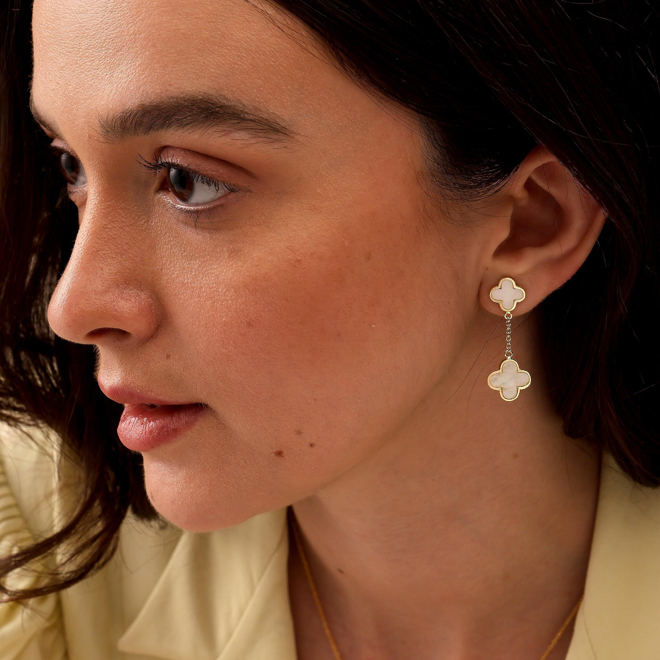 LeCalla 925 Sterling Silver BIS Hallmarked Gold-Plated Clover Flower Mother of Pearl Drop Dangle Earrings for Women | Rakhi Gift for Sister