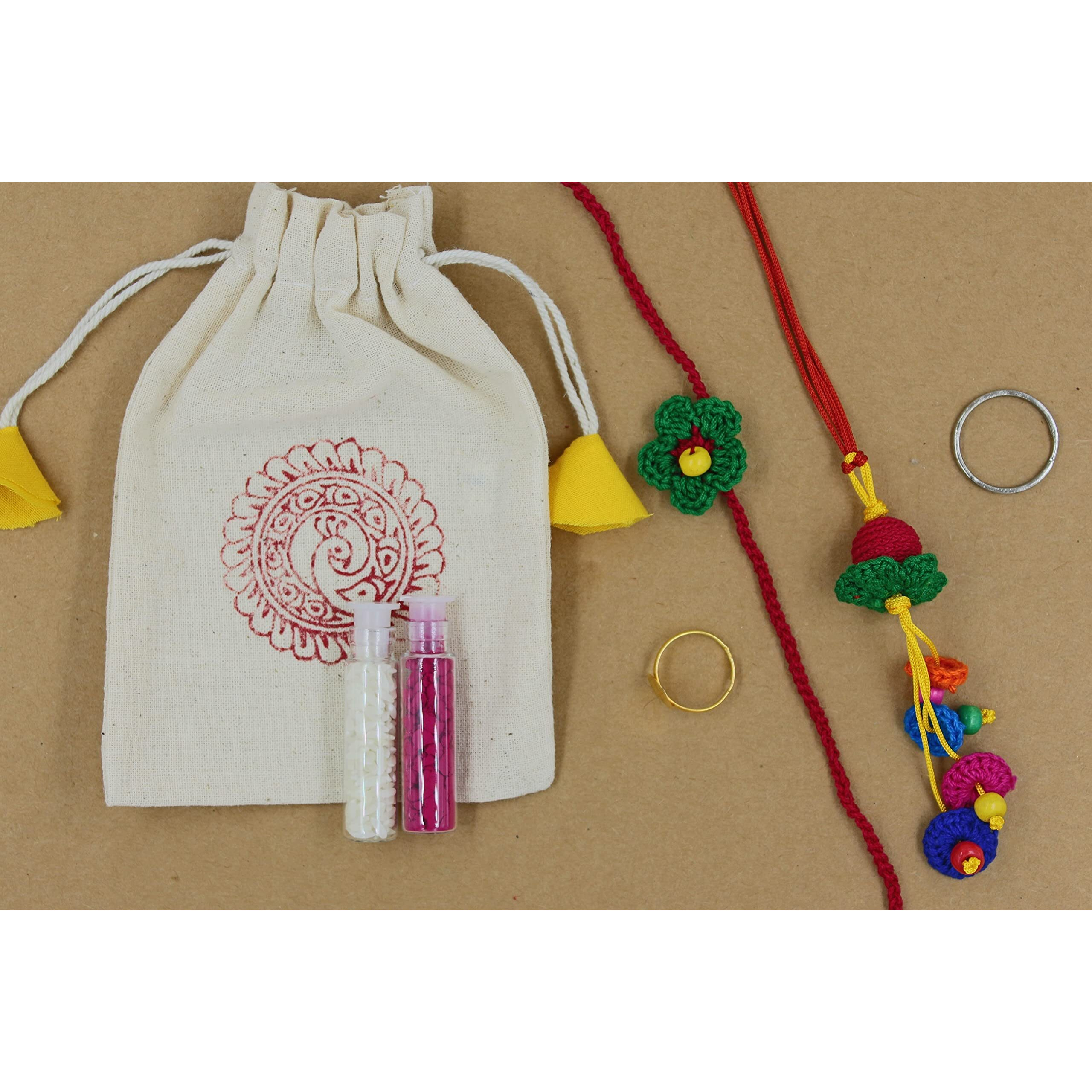 Prapti Handicrafts Handmade Embroidery Crochet Rakhi for Bhai/Bhabhi with Roli Chawal (pack of 3)