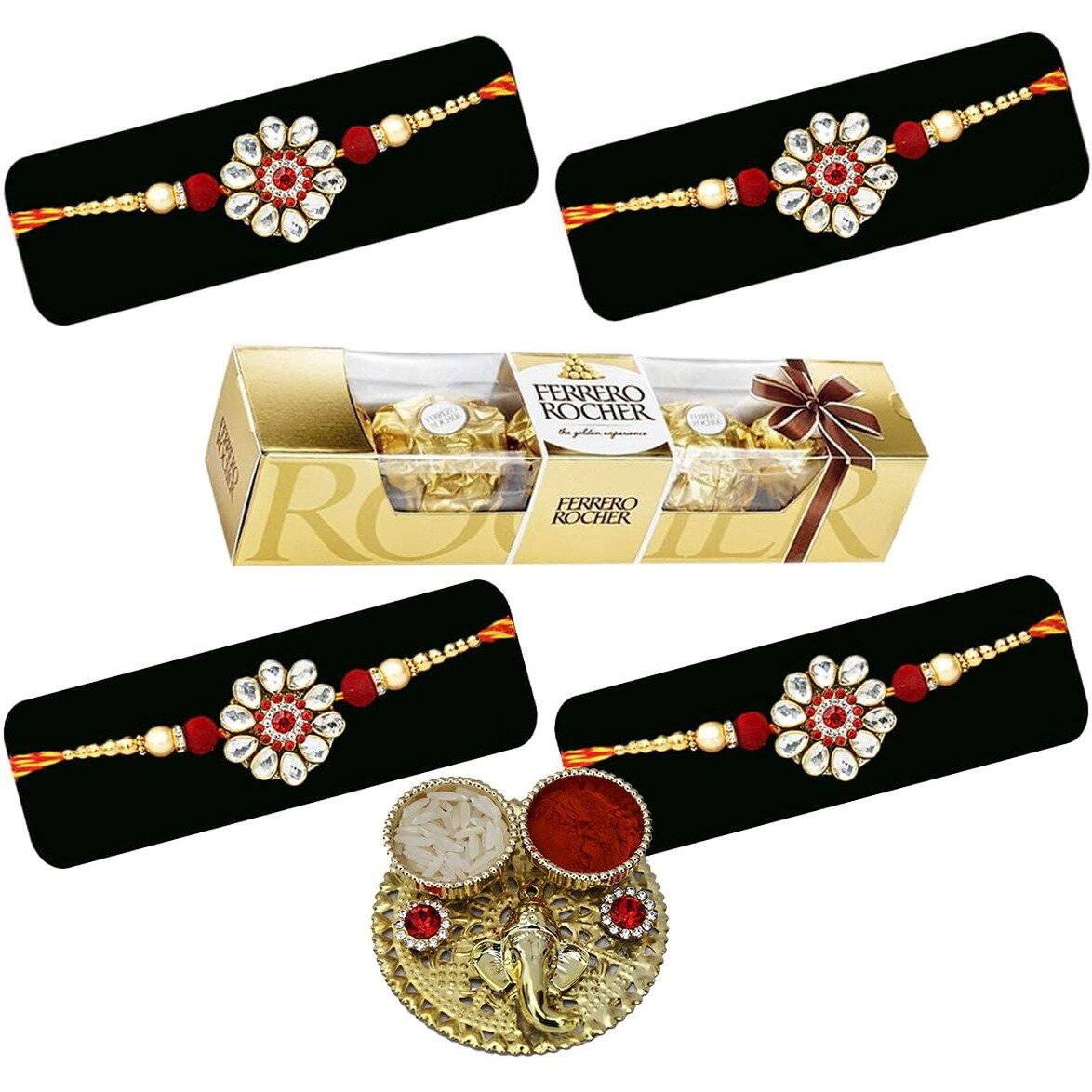 Saugat Traders Rakhi for Brother Set of 4 with Chocolate Gift - Combo Pack of 4 Designer Kundan Rakhi for Bhai and Beloved Brother - Premium Rakhi - Exclusive Handmade Rakhis