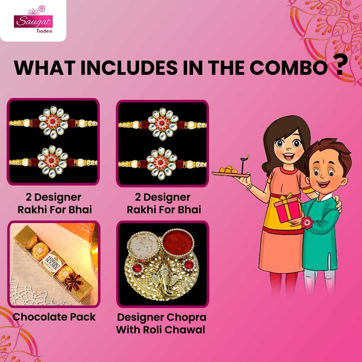 Saugat Traders Rakhi for Brother Set of 4 with Chocolate Gift - Combo Pack of 4 Designer Kundan Rakhi for Bhai and Beloved Brother - Premium Rakhi - Exclusive Handmade Rakhis